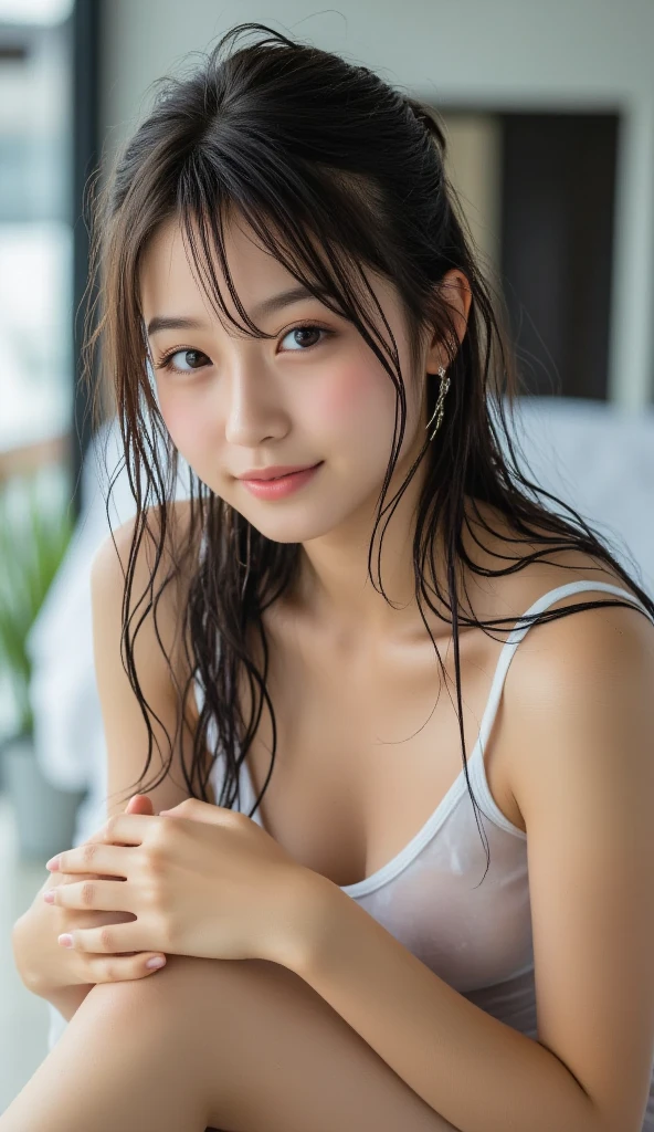 (Best-quality, Masterpiece, Ultra-High-Resolution, (Photorealistic:1.4), Raw Photo,  depth of field, professional lighting, perfect ???????, extremely details), 1girl, 15-years-old, the most famous Japanese idol, looking at viewer, ((innocent smile)), sitting on sofa in living-room, ((wearing extremely wet white-casual-dress drenched in sweat)), (extremely cute face like the most popular Japanese idol, ((extremely cute and extremely big realistic-black-eyes)), extremely beautiful and extremely wet black-long-hair drenched in sweat, ((extremely beautiful and extremely wet skins drenched in sweat)), extremely cute long-eyelashes, extremely cute wet-lips, extremely beautiful and extremely wet body drenched in sweat)