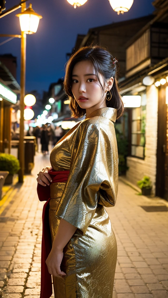 (8k, best quality, masterpiece:1.3), extremely cute and beautiful girl, 1girl, Times square garden at night, full body, 32k, RAW photo, realistic, photo-realistic, twin-buns hair, chestnut hair, looking the viewer, facing the viewer, medium-breasted, ((red cleavage cut-out gothic kimono dress with small gold detailed)), lace, brown eyes, Ultra-detailed face, Detailed eyes, Double eyelid, chestnut hair, cleavage, (Beautiful Breasts:1.3), (Abs, Slender Figure: 1.2), Sharp Focus, (((Intricate Details)), High Detail, ((frame the head)), sexy model pose, light grin smile, full body image, close mouth, stylish model posing, perfect anatomy, perfect proportion, light grin smile, blush, both hands on behind back on hip, arms down,