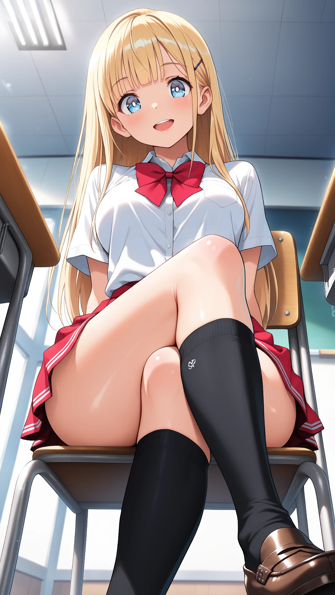 (red ribbon on hairband:1.2),masterpiece, best quality, highres, 1girl, solo, Blonde hair, RED eyes, High resolution, good lighting, , (No nudity), (nurse,white nurse uniform,white shirt:1.3),(open clothes:1.2),(breasts out:1.2),(skirt pulled:1.2),(white thighhighs:1.1),, (((pointy_groin,from below))), (((squatting))), (garter belt), abdomen only, (), , cute face,embarrassed and blush, humiliating, ((See-through))()(T-back)(a large amount of is on the body,)