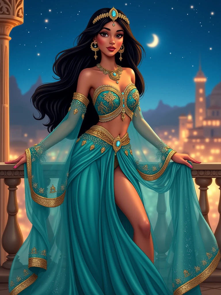 jasmine, dark-skinned female, pale skin, multi-tied hair, night sky, long hair, full length blue maxi dress, legs slit, high hells, large breasts, large ass, full body shot, facing viewer, looking seductively at viewer, standing up, full body shot, Princess Jasmine, surrounded by lush gardens and Arabian architecture, (Agrabah:1.1), Arab architecture, Disney style, magical lighting, enchanting atmosphere, Digital artwork, Resolution: 4k, cinematic view, scenic perspective, (best quality:1.2), (masterpiece:1.3), (high resolution:1.3),
