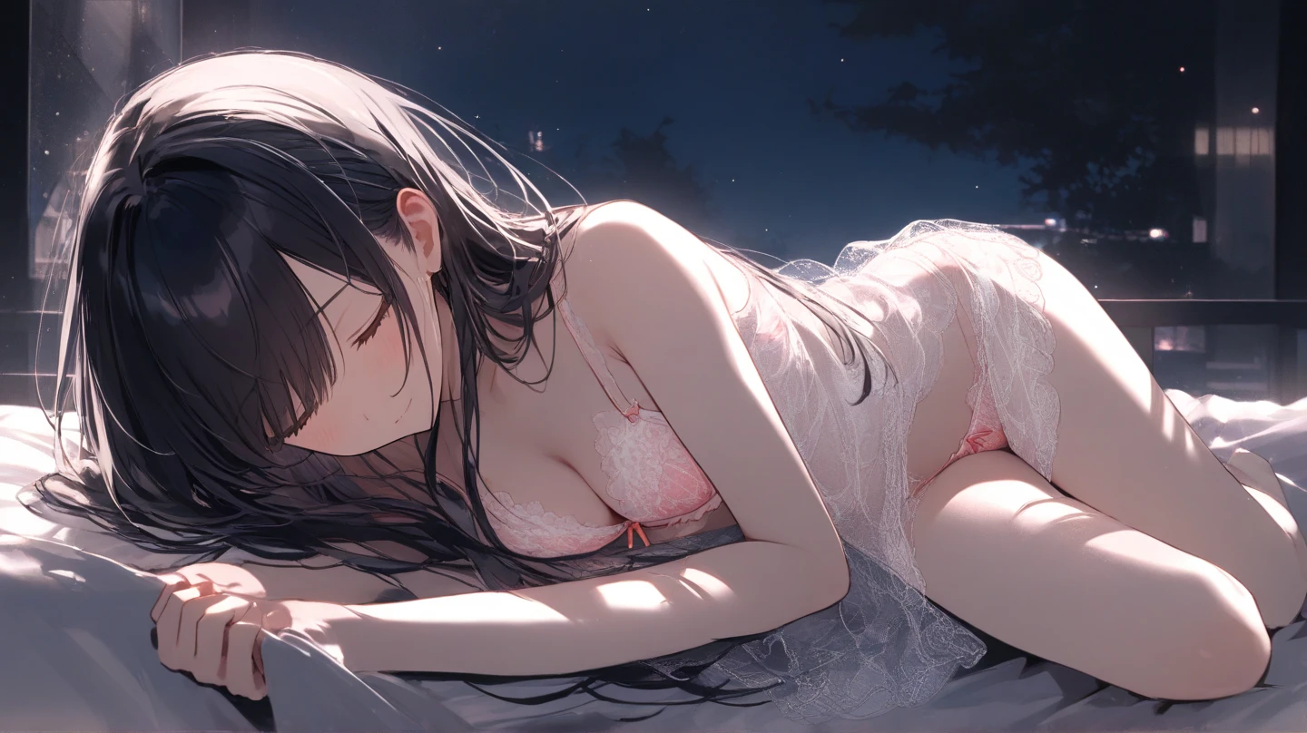 Undressed and lying on the bed waiting, the beauty spreads her legs and and masturbates, no panties and no bra see-through panties, real dripping water
