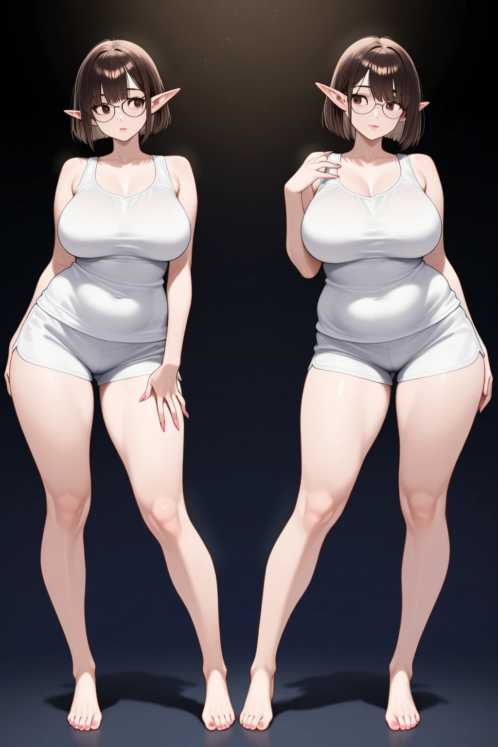 masterpiece, highest quality, High resolution, One girl, solo, sexual intercourse, Pornographic images, short hair, etsukoto, brown Eyes, fine grain, fine grain, long legs, (((Thick thighs, Plump thighs, Voluptuous thighs, Thighs alone are enough))), Huge and ample breasts, Cleavage, big long breasts, Naughty big,((big breasts are important))、((Naughty thighs)), L Cup, (thin:1.4),(Tight waist:1.4),  (white swimsuit:1.4), anguish, blash, (((Simple Background))), ((Wide Hips)), Shiny, Oily skin, Mature mother, Calf, Seductive mature woman, milf, Perfect body, Plus Size Model, curvy, ample, etsukoto, blush, clavicle, retro artstyle, 1990s (style), (thick thighs:1.4), bursting breasts, full body, feet, (from side:0.9),