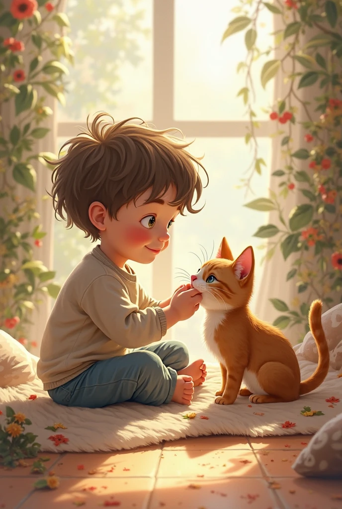 Drawing of a boy sitting facing left hugging a furry cat who is sitting facing right 