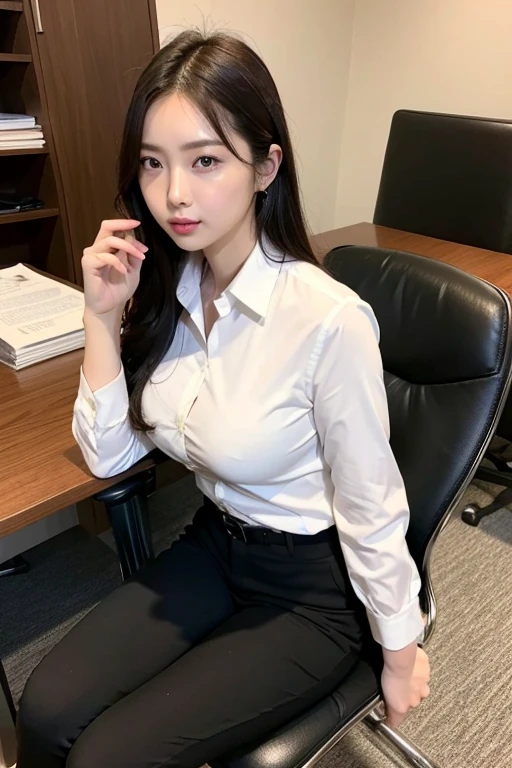 Close-up of beautiful Korean woman, 36 inch chest size, Serious expression, Wearing a white short-sleeved shirt, Black skirt, play computer, In computer class