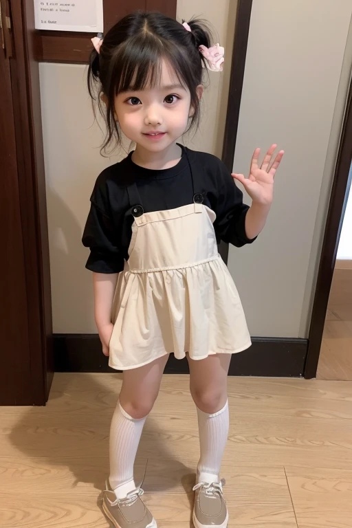 (RAW photo, highest quality, masterpiece: 1.2), (photo: 1.4), 1 girl, solo, full body, shoes, cute Japanese face, ((9 year old child's face, baby face with adult body)), (((super big)) chest, cleavage), (tank top, no bra, super short plaid skirt, mini skirt, thick thighs, slender legs, white socks, school shoes), standing pose, full body photo, line of sight (smile)
