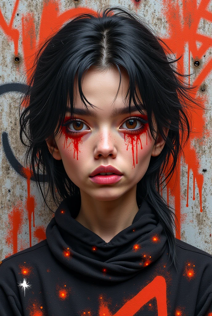 a woman in black with fake scars and star on top, in the style of jay anacleto, light red and red, trick of the eye paintings, meticulous detail, symmetrical, zhang jingna, religious iconography