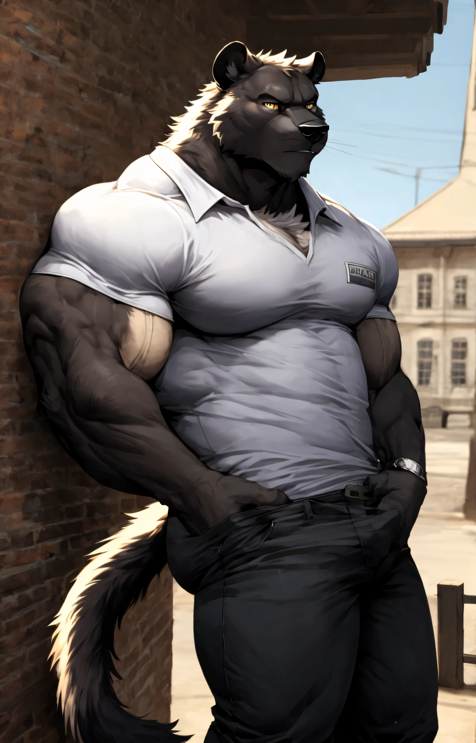 Dog, good looking, male, anthro, ultradetailed, muscular, solo, bareness, rippling muscles, muscles, simple background, white background, tail, serious, lying, open legs, pants, belt, black fur,