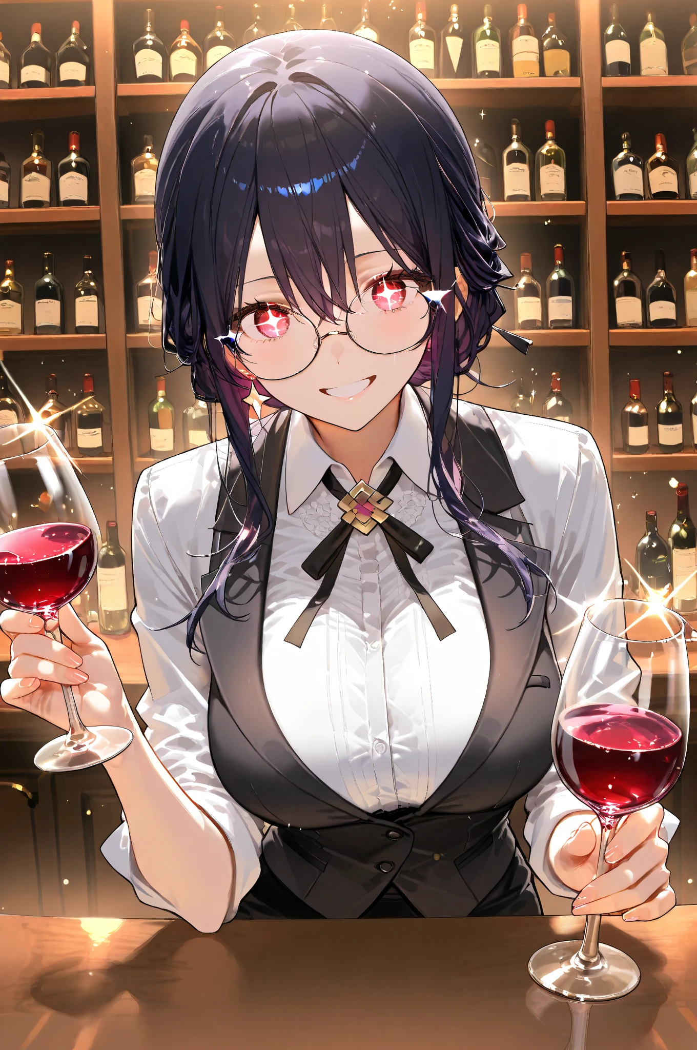 ((best quality)), ((highly detailed)), absurdres, detailed face, beautiful face, (detailed eyes, deep eyes), <lora:more_details:.5>, (1girl), (glasses), upper body, ((wet capri pants)), innocent, wide eyes, big eyes, cute, breasts, Blood red sundress, maxi dress, (inside, in a bar, bar tender uniform), <lora:style_cslucaris:.8>