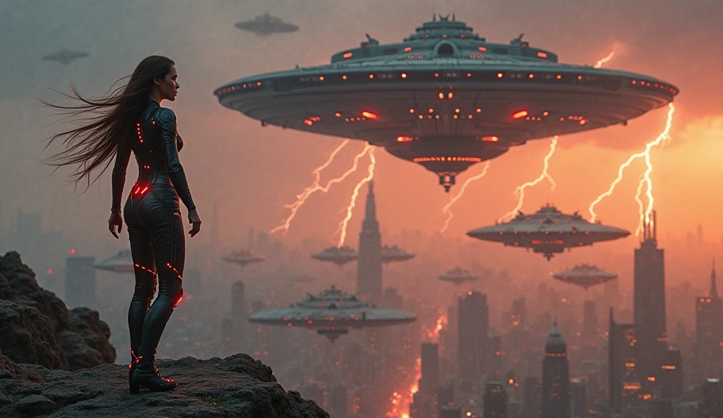 A vast alien invasion fleet of colossal, disc-shaped motherships hovers ...