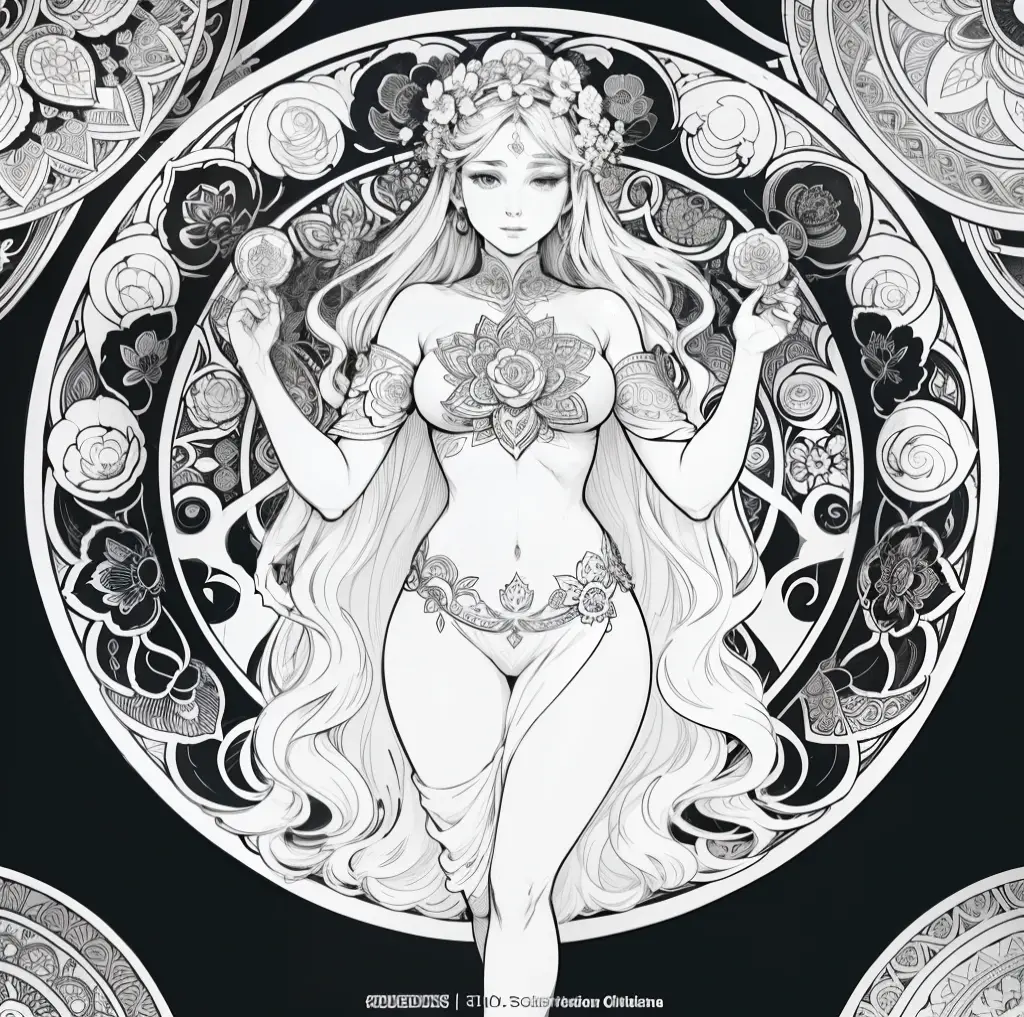 Flowers and goddess, ploynesian, garden, art for coloring book page, full white background, only use outline, line art, coloring book, clean line art, mandala for coloring with nature ornaments, simple and clean line art, coloring book page, adorned in Art Nouveau style, with a stroke of Alfons Mucha's brush, perfect details, real.