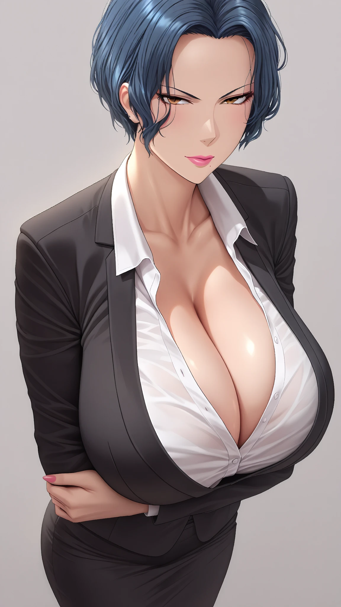 a woman with blue hair and a black jacket, beautiful natural lighting, pretty clothing!, 1 9 th, natural short hair, beautiful goddess, sultry look, light borwn hair, wear's beige shirt, morning light, looking exhausted, ultra detailed, best quality, expressive eyes, perfect face, yellow eyes