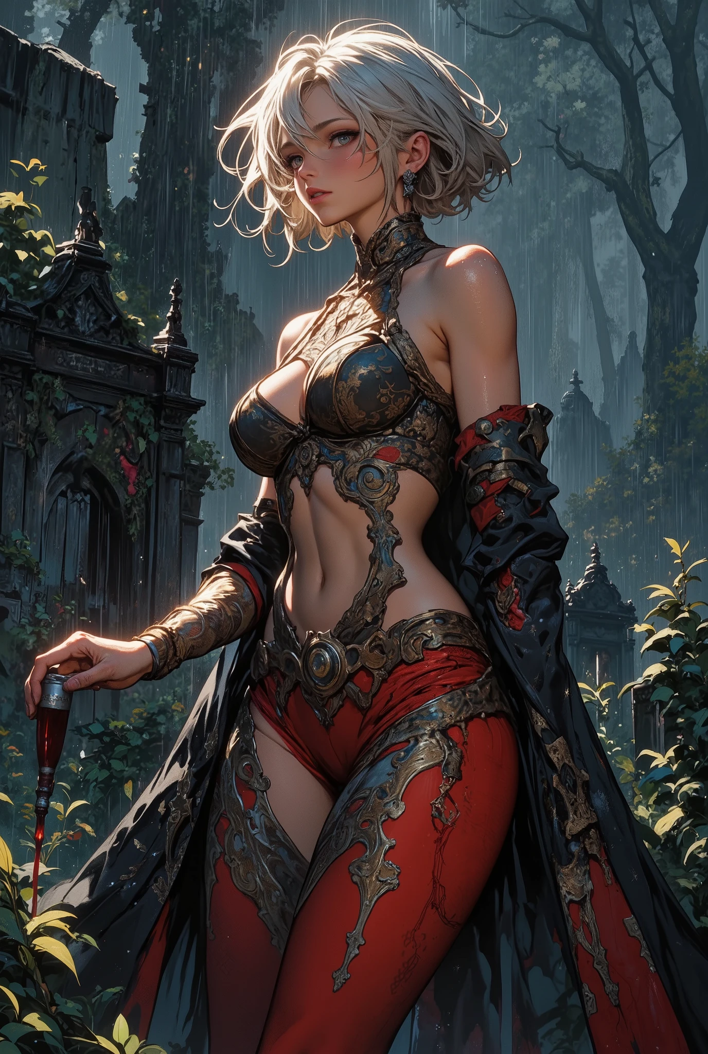 Sensual 28years old female, solo, ((side view, face in profile, she is looking a friend's grave)), ((she is pouring wine on a friend's grave with memories of adventure)) ,(her job is a fantasy adventure), (With a glass of wine in hand, she reminisces at the grave of a deceased friend), (pouring wine on a friend's grave with memories of adventure ) , short messy hair, ultra beautiful blonde hair, beautiful eyes, a faint smile, 8heads, seductive body line , Soaking wet, (sexy designed top with intricate patterns, string halter neck, accessories), ((holding a wine bottle)), ((sexy, black silver, costume)),BREAK I can see my belly button, ((wear low rise red tight pants with intricate beautiful gold color patterns)), Wear lather boots, ((extremely detailed description, (cape), A grave on a cape, Western-style grave, hard rain, in nature, non-building, perfect background )), (((absolutely detailed beautiful face, sexy face, ((extremely detailed, full body)),)))