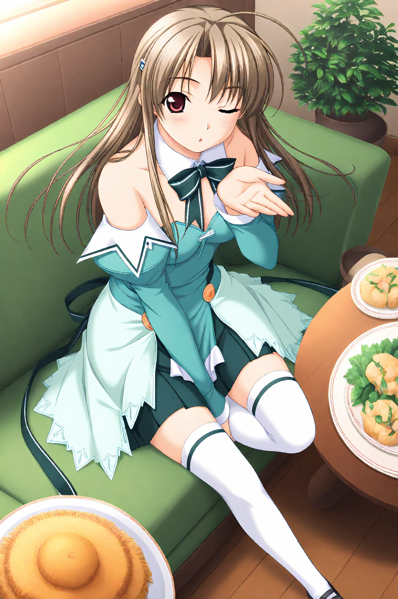 One girl, Kadotani Anzu, Girl and tank, Seraphim, Long sleeve, Green Skirt, black neckerchief, White shirt, Pleated skirt, Black socks, Loafers sitting on chairs, blush, smile, peace sign, A masterpiece with legs crossed, Highest quality 