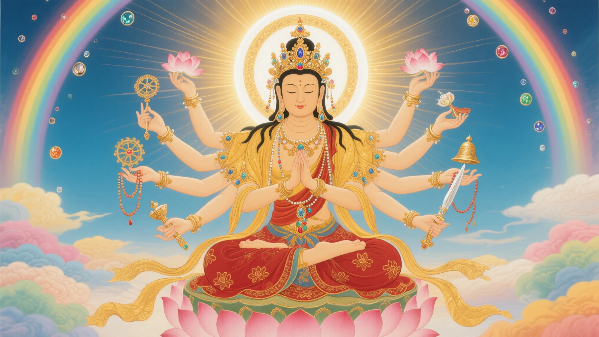 ((mantra)),pusa,1boy,ocean,stars,starry sky,rainbow,night,sun,crown,necklace,circle,sitting on lotus,(lotus),jewelry,bracelet,crescent moon,earrings,magic circle,flower,bird,
,,<lora:yuzuv10:0.6>,
<lora:add_detail:2>,    <lora:fopusav6:0.7>