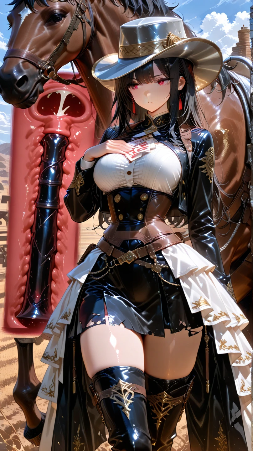 a close up of a woman in a maid outfit holding a sword, fine details. Girls' Frontline, anime maid ss military, (SFW) Work, gorgeous maid, from Girls' Frontline, guweiz, anime girl in a maid costume, Tick, From Arknights, Biomechanics OPPEIN, maid, anime maids riding early tanks, maid outfit,((,Cleavage))