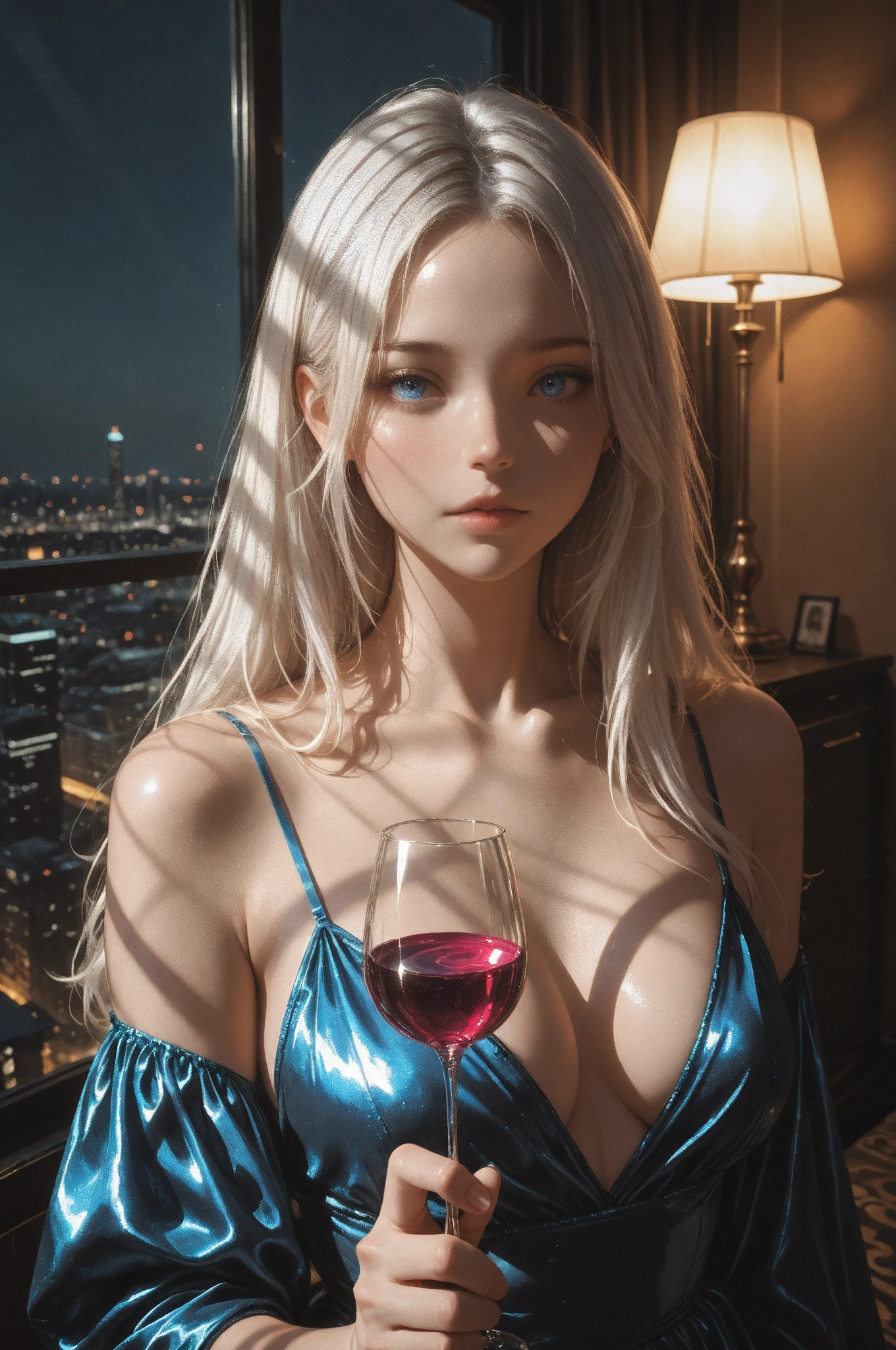 A young female vampire, beautiful, in a silver gown, holding a glass of wine in her hand. --auto --s2