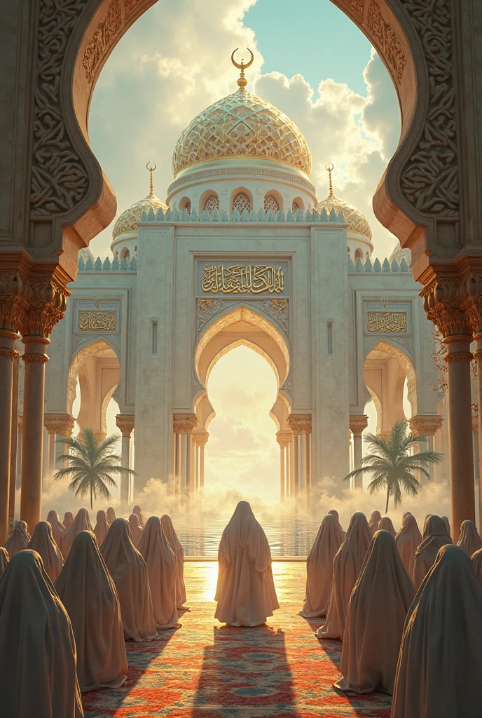 Create a photorealistic image of an Ethiopian classic Orthodox church with seven doms built on Mars ,large number of prayers wearing white cottonn clothes, the prayers stay on air only,the scene like dune film,dust storm, green,yellow and red fabric hanging over the prayers  waving,add Ethiopian flag strip on their cloth.