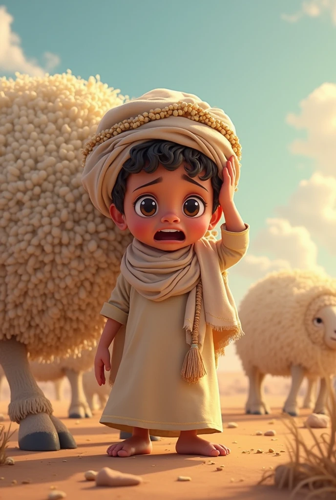 a young jew, Full-body image, (((7 years old))), ((Pixar-style)), ((Caucasian skin)), (((Curly hair))), moreno claro, wearing a white Jewish dress, jewish sandal, happy and welcoming expression, detailed facial features, complex clothing folds, warm lighting, cinematic composition in the desert with sheep nearby, praying on your knees, rewarded photography
