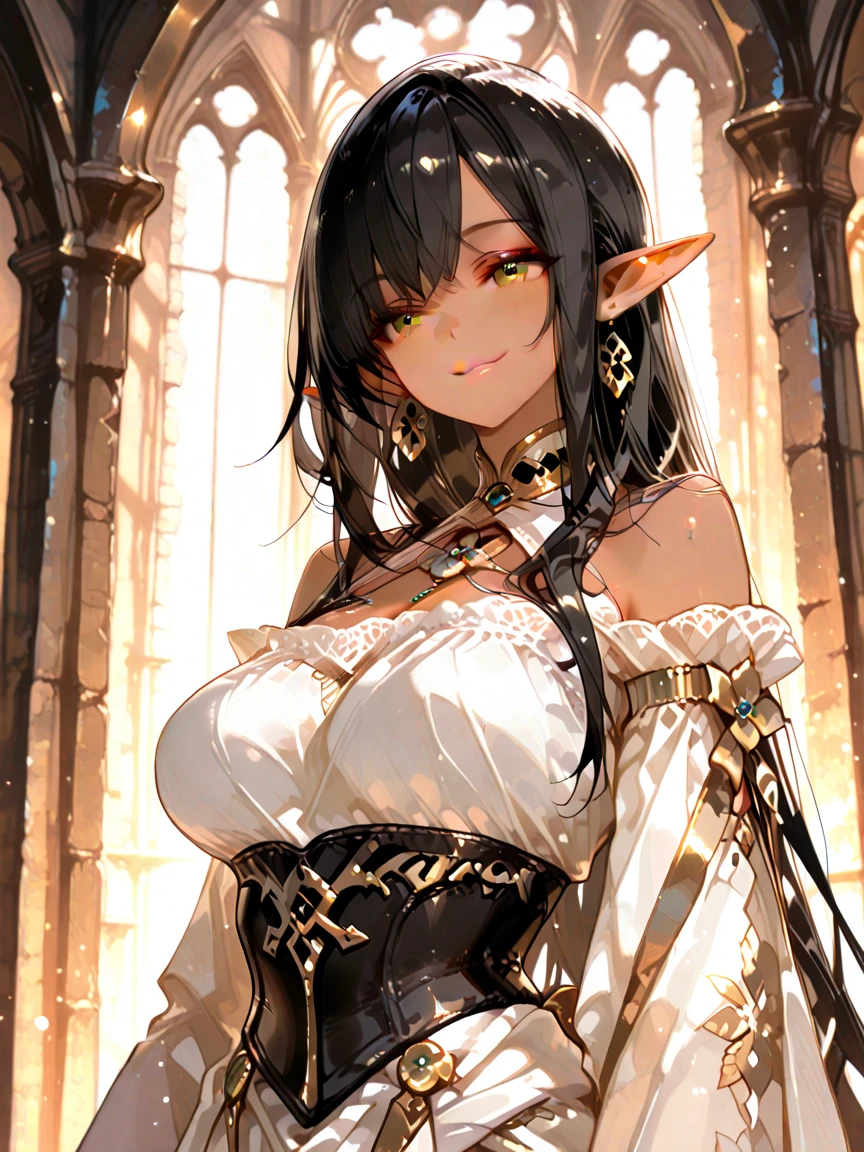 (((Olga Discordia))), (masterpiece, best quality), ((dark-skinned female, dark elf, extremely detailed, intricate details, lush detail, insanely detailed face, beautiful brown eyes, lips, detailed skin, very wide-eyed, skinny)), (( floating hair, shiny skin)), (1girl), wide hips, narrow waist, thick thighs, ((big pupil)) , nervous, ((happy, smile, long hair, younger, blush, tall, black outline, black hair, straight hair, seductive eyes, mature female, older, very long hair)), 1girl, toned, ((((indoors, in front of a big window, light shining through window, upper body focus, facing towards viewer)))), (Dark elf, dark-skinned female, pointy ears, hair over one eye, breast, curvy body, thick thighs, earrings, black hair, very long hair, large breasts, cleavage, thighhighs, dark elf, large breasts, navel, highleg panties, highleg, detached sleeves, boots, revealing clothes, bare shoulders) , horny expression, detailed mouth (((1girl, solo)))