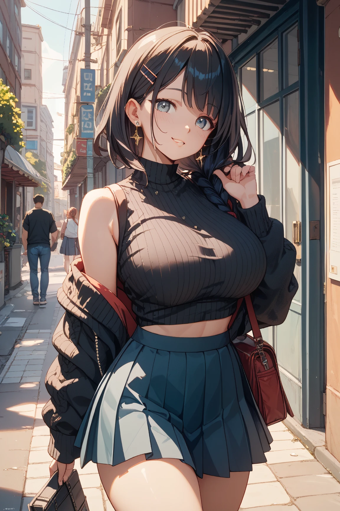 (work of art:1.2, maximum quality), (realisitic, photorealisitic:1.4), beautiful illustration, (natural side lighting, film lighting), 
looking away, (Facial Focus, trunk, from low), 1 girl, Japanese, high school girl, 14歳, face perfect, perfectbody, beautiful  face e simétrico, shining skin, baby face, mic, 
(shorth hair:1.5, (low ponytail):1.6, long sideburns, Light brown bun hair), asymmetrical bangs, dark blue eyes, eyes large, droopy eyes, (medium breasts, Seductive thighs, big-ass), 
cute hair, beautiful  face, beautiful detailed eyes, beautiful collarbone, Body cute, nice chest, beautiful thigh, Nice legs, nice fingers, 
((light brown sweater with open shoulders, black sleeveless sweater with turtleneck, brown tight mini skirt, ), emerald green hair ribbon), 
(beautiful scenery), natta, (Street), standing, (kind smile, upper eyes, gaping mouth), 