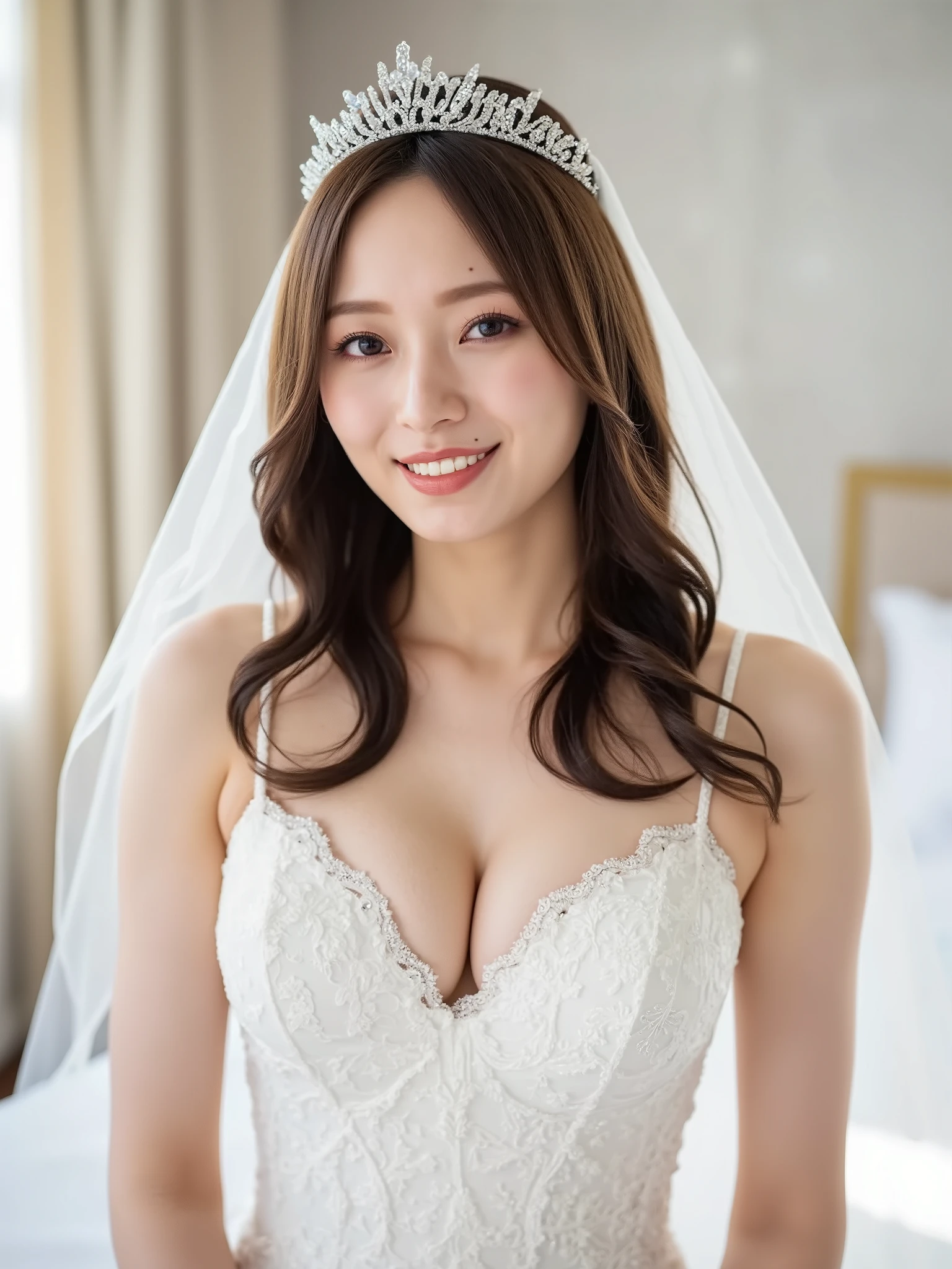 (Highest quality、Tabletop、8k、Best image quality、Award-winning works)、One beautiful bride、(The most extravagant and gorgeous huge wedding dresses:1.3)、(The most luxurious and perfect wedding lace:1.3)、(The most extravagant and luxurious giant tiara:1.3)、(The most luxurious and extravagant giant necklace:1.3)、(The most extravagant and luxurious giant jewellery:1.3)、(An elaborate and beautifully decorated wedding dress:1.2)、portrait photo of a beautiful female、Glowing Skin、Brown Hair、Standing Elegantly、(The simplest pure white background:1.4)、The best smile、Smile big and show your teeth、(Large Breasts:1.1)、(Cleavage:1.1)、(pregnancy:1.1)