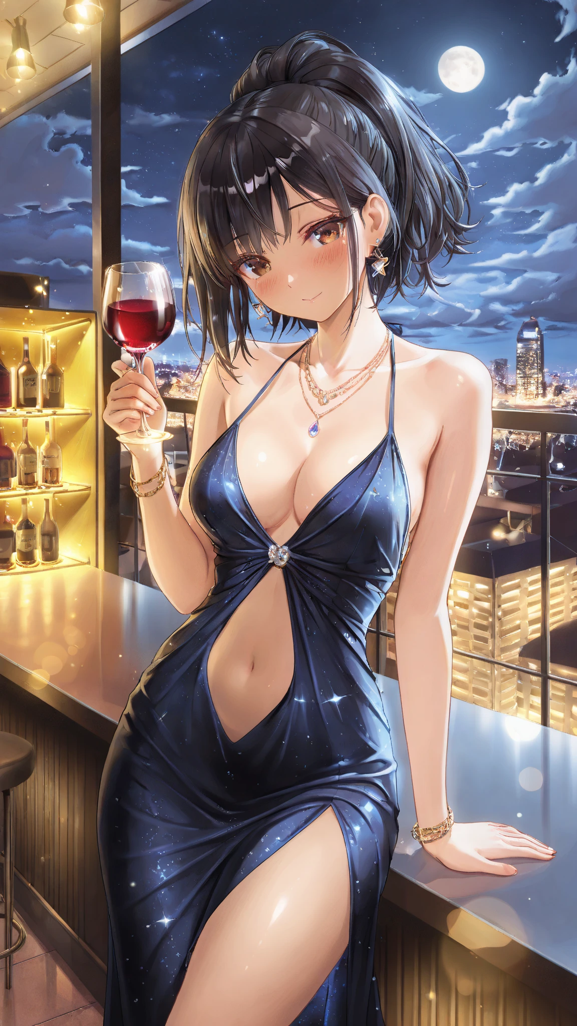 ((((masterpiece, best quality, high resolution)))), 1girl, white hair, purple eyes, short wavy hair, average breasts, blush, light smile, parted lips, glow, thighs, bare shoulders, collarbone, narrow waist, cleavage, (beautiful detailed face, beautiful detailed eyes), (revealing clothes:1.0), (breasts curtain, sideboobs, plunging neckline, backless satin mini dress, high slit cut, revealing, silver necklace, hair ornament, earrings), night sky, night light, fancy jazz bar, glittery dress, holding champagne glass