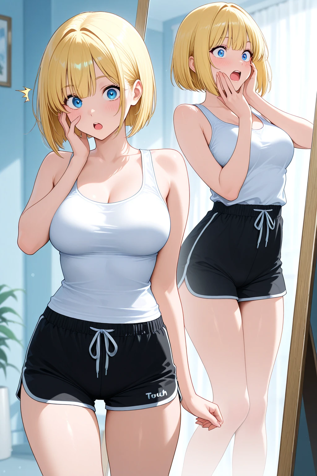 2D Anime Style、Blue eyes、breasts are slightly larger、A cool adult woman with short blonde hair came home with a tired expression.,Walking while taking off sweat tops and sweat shorts that show your stomach