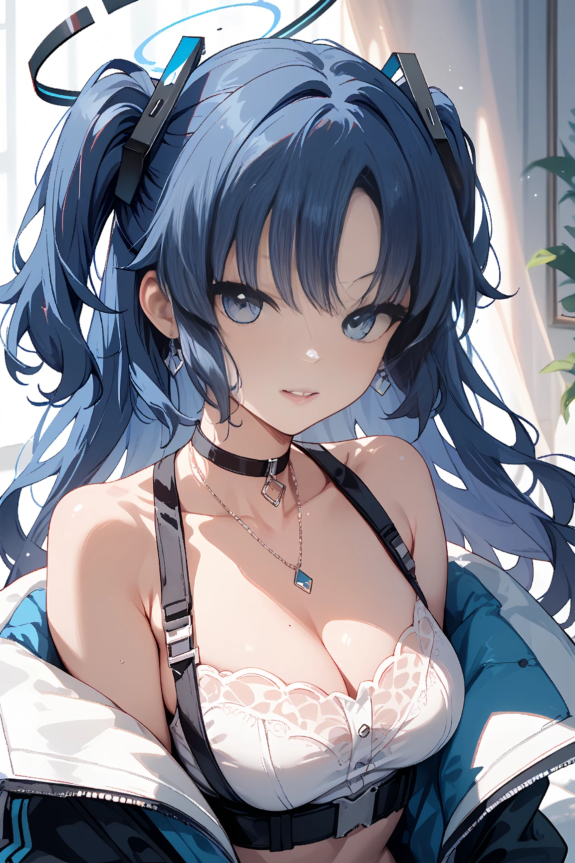 ((masterpiece, best quality)), ((anime girl in the castle hall, night, moonlight retro style)) (1girl, , portrait, close up), (solo, elegant beauty, cool woman), (female focus, loli), (blue hair, messy hair),yellow eyes, detailed eye, ((lingerie)), portraits, dramatic lighting, blueish light, calm atmosphere