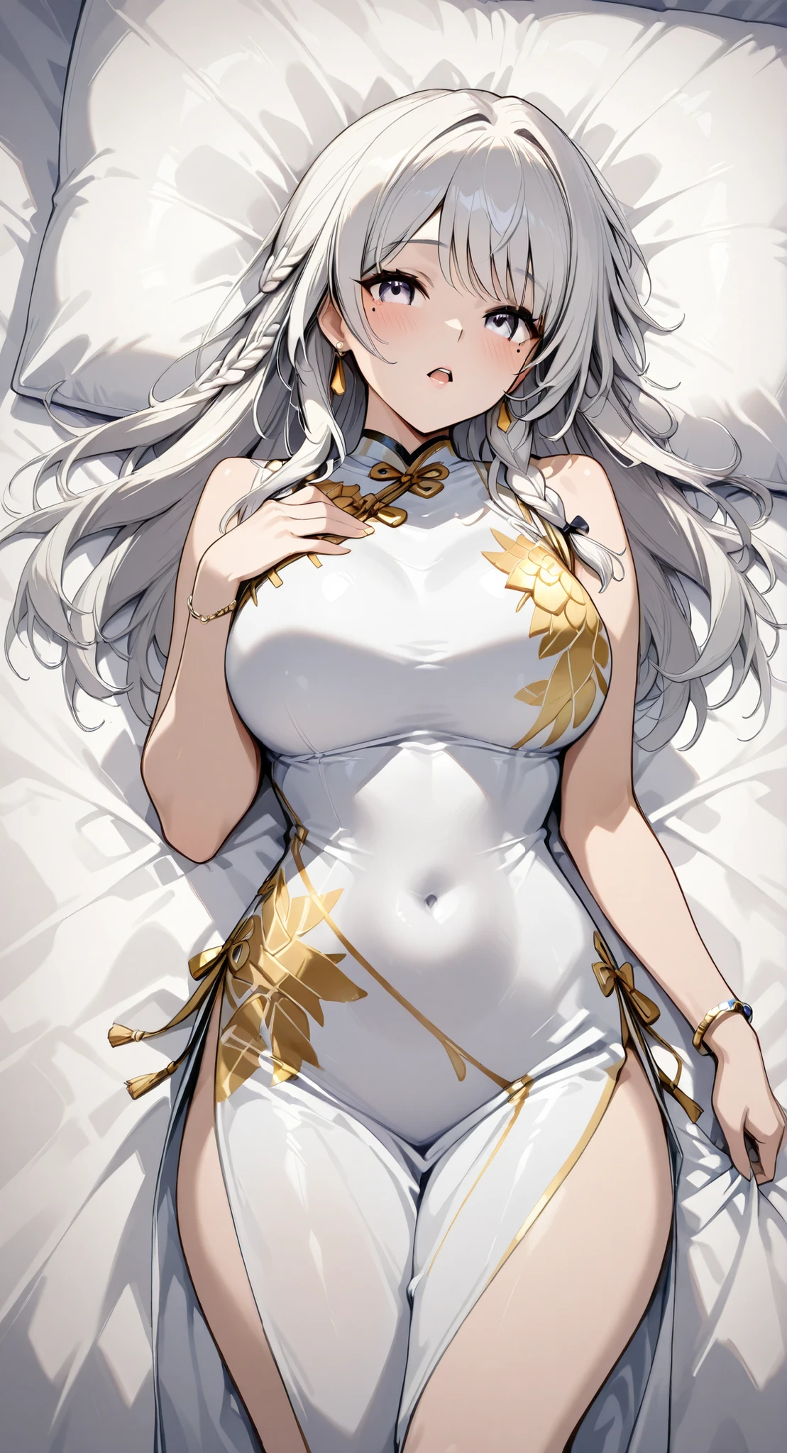 mole under eye、Left arm bracelet、Right Wrist Bracelet、Sleeveless Chinese Clothes、anime girl、髪に花を挿したBraids、gray hairの神、Anime Goddess、gray hairの、gray hairの女性、gray hair、Portrait of a Chinese Zodiac knight with her whole body lying on her back、Kaiji Jinyao、Genshin Character、Kekin、Full Body Mori Kasumi、photo of woman with long white hair tied at the back、Braids、完璧なgray hairの少女、large breasts with good shape、Thin Waist、mole under eye、Long Gloves、earrings、no background、moist eyes、kind eyes、kind expression、Blush、Open Lips、Very large bed、Her whole body is lying on a white sheet、Turn your face completely to the side from here、orgasm、Tether、climax、 Her hair tied at the back is braided、Zodiac knight portrait {x} close-up cowboy shot of her cute face、from above、Legs are framed、first-person view、From the side、Wide shot、rotate、fish eye