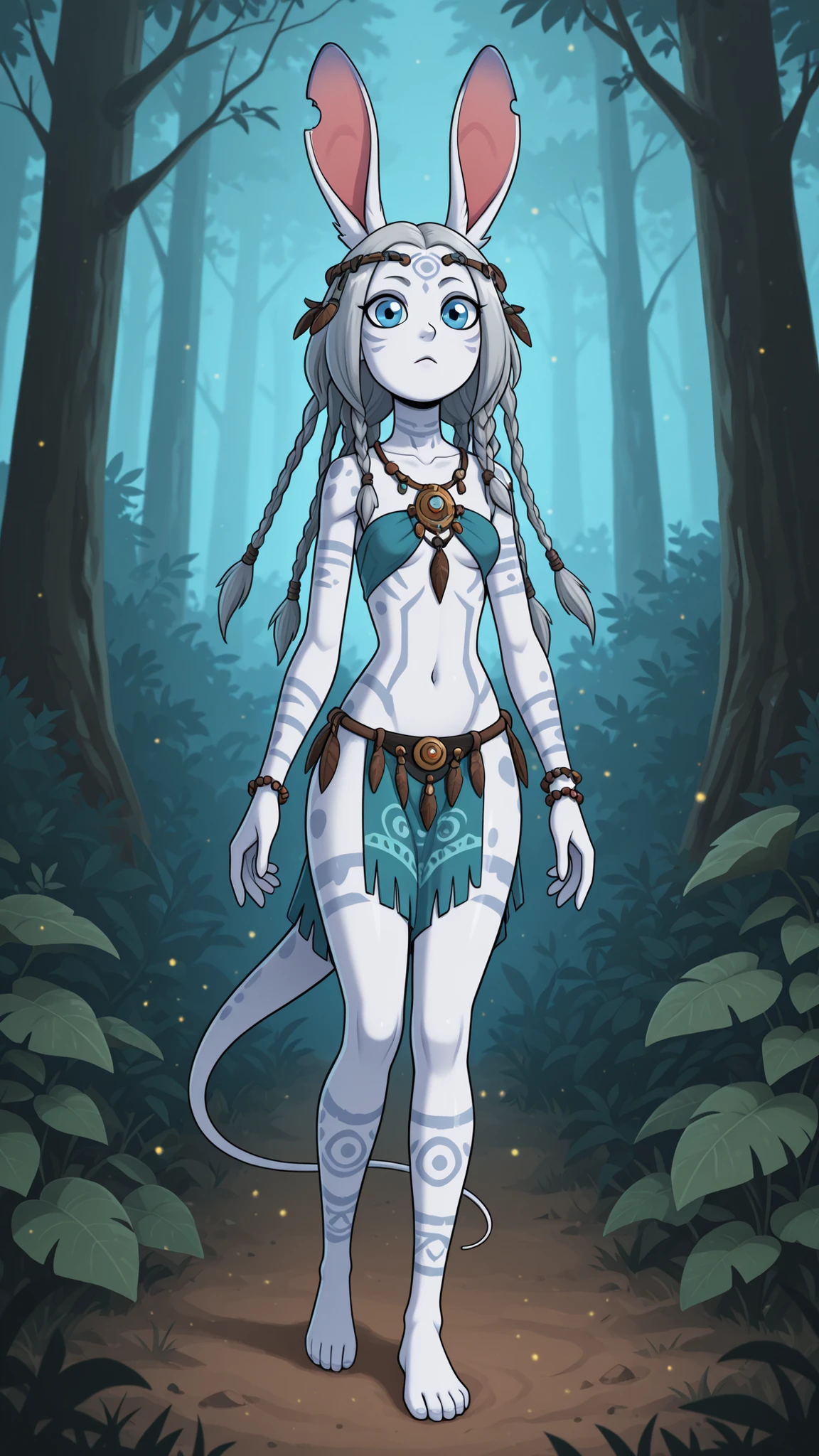 A stunning alien woman. She has luminous pure white skin with a soft bioluminescent glow along her cheekbones and collarbones, long flowing silver hair with many braids, bunny ears, spots patterns on body and large opalescent blue eyes with vertical pupils. She has a small head, thick thighs, slim slender upper body & short height with elongated long neck and a tail, triple small breasts. she wears an tribal short outfit made of feathers and beads. 8K ultra HD, high quality, 2D cartoon style, incognitymous art style, full body, three breasts, tribreasts, threeboob, bold black outlines, front view. Background: beautiful alien forest with bioluminescent plants and trees.