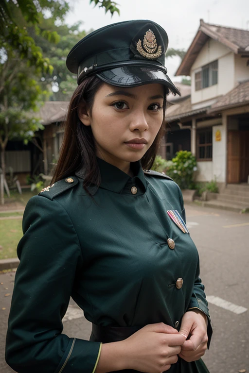 1girl,wear a soldier's shirt, vietnamese, pith, helmet, green headwear.