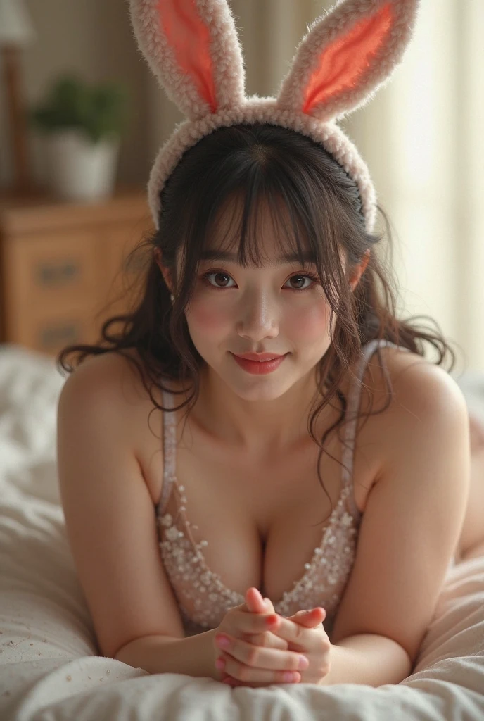 ((best quality)), ((masterpiece)), (detailed), 1 girl, on bed, chubby, 1, young looking, very large breasts, natural breasts, happy smiling, thick thighs, fair skin, topless, naked, small breasts hanging, looking from side and slightly behind, legs open, pale, knees on bed, elbows on bed, back facing up