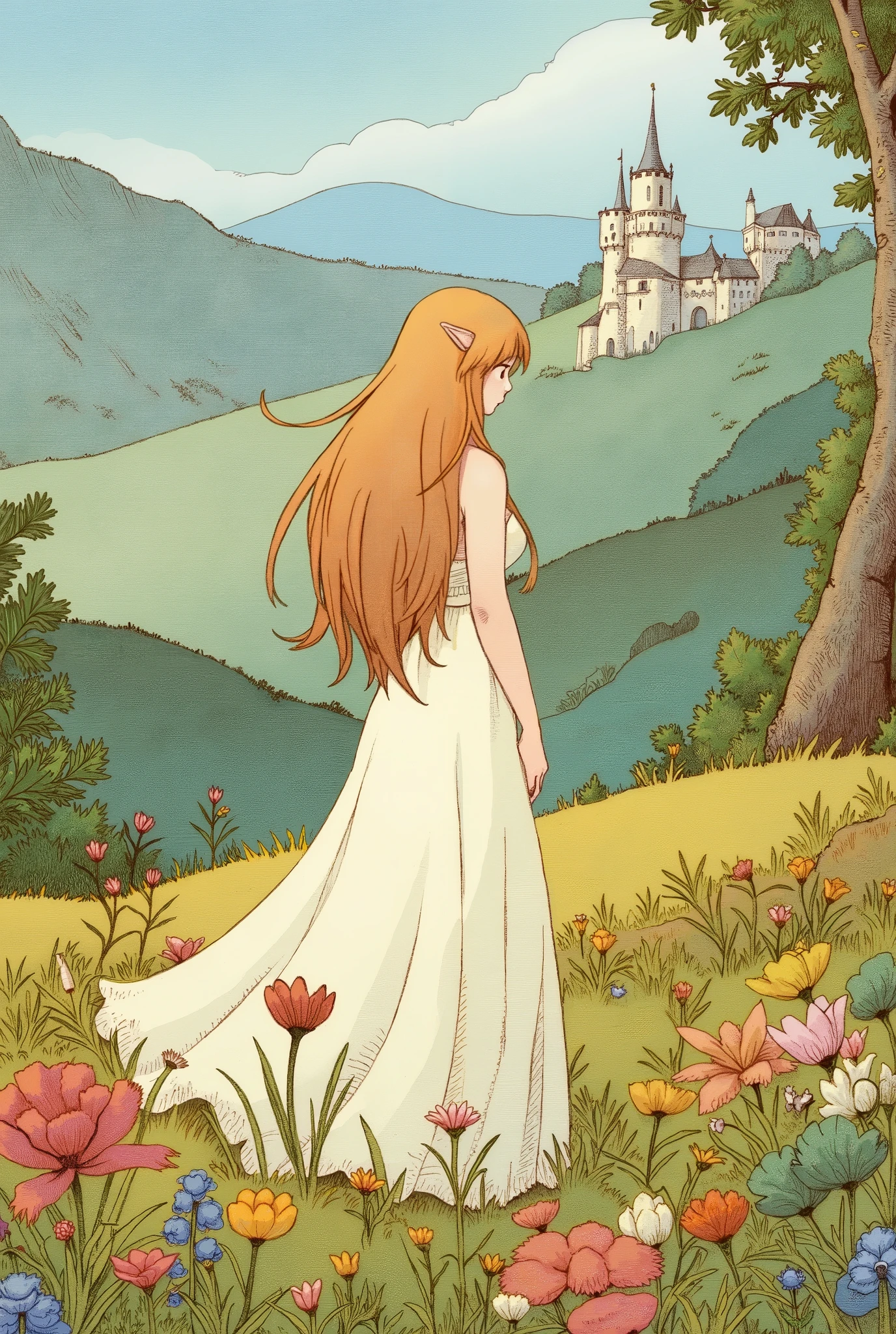 Pastel drawing. Picture book illustration. Fantasy. Beautiful woman. A colorful valley landscape. A misty valley. Amidst the abundant nature, a medieval European-style castle appears blurred. The woman is an elf, wearing a one-shoulder dress made of thin, whitish fabric with plenty of draping.
