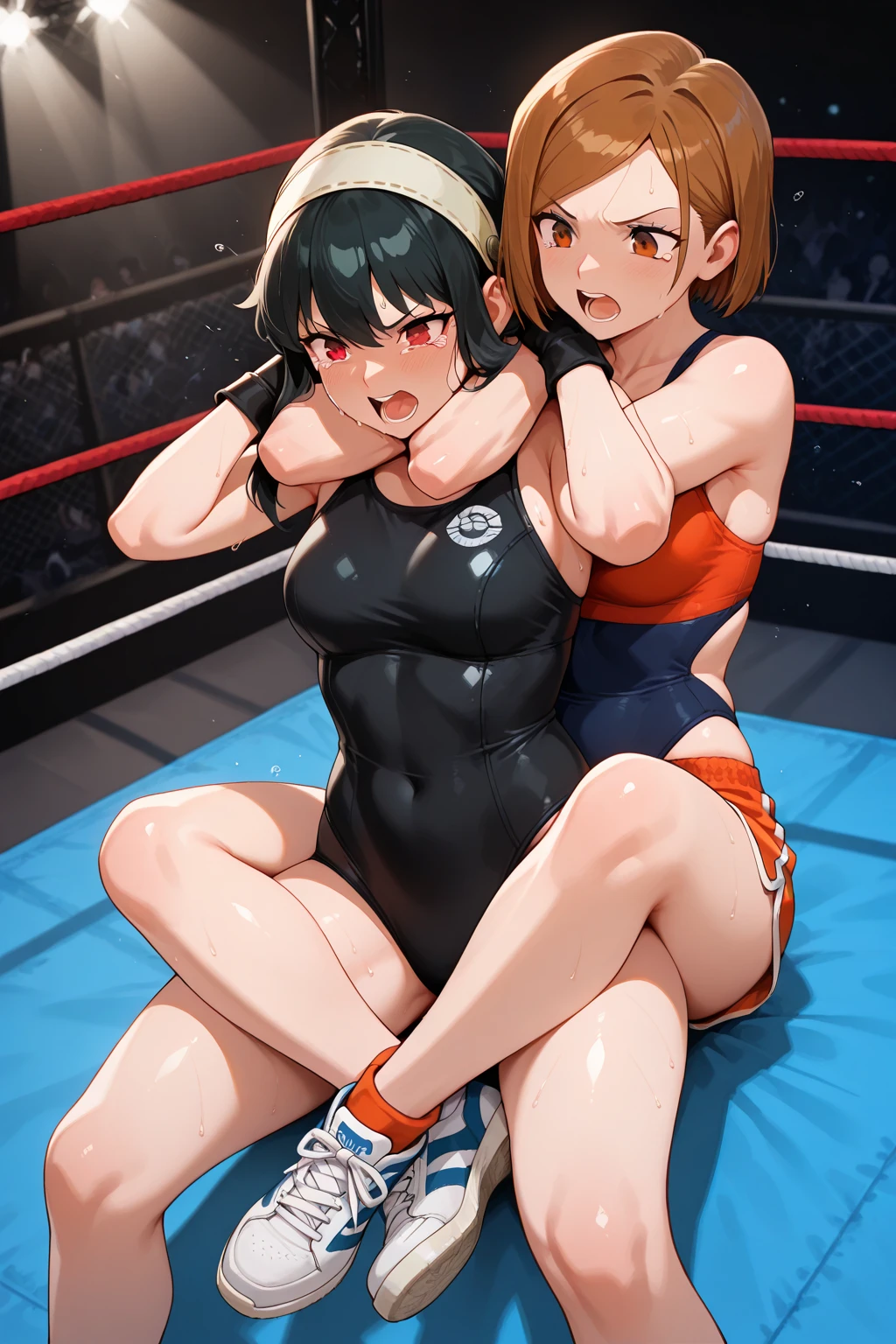 Masterpiece、Highest quality、Full Compressionism、Photorealistic、ふたなり女子wrestling、Dynamic Pose、leotard、Dazzling Light、wrestling、An enthusiastic crowd watches、Two futanari women in sheer latex wrestling outfits posing for a photo、Sex Battle、Orgasm Face。Slender Big Tits、Naughty orgasm、Strangulation、Grab the 、Orgasmic moment、Blowjob a penis、