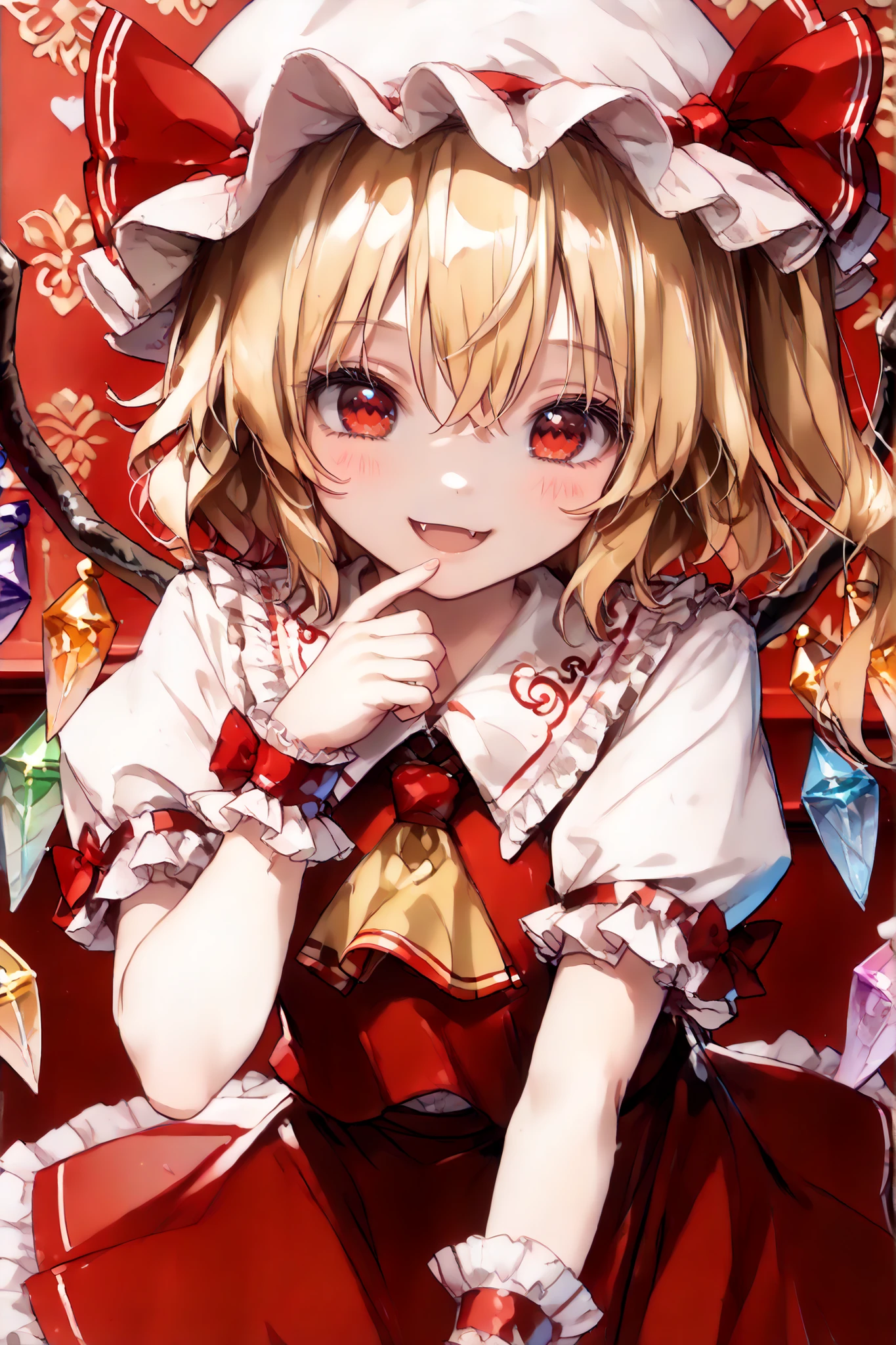 1girl,(cute girl:1.5), flandre scarlet (touhou), red eyes, short hair, medium hair, blonde hair, one side up, red eyes,fang, crystal wings, crystal, white headwear, mob cap, red vest, white shirt, collared shirt, frilled shirt collar, yellow ascot, puffy short sleeves, frilled sleeves, wrist cuffs, red mini skirt, skirt set, frilled mini skirt, red ribbon, hat ribbon, back bow, white bow,BREAK,contented smile,smile, open mouth,(An affectionate look:1.5),(extend one's arms:1.5),(embrace:1.5),(forward-bent posture:1.8),(cute pose:1.5)(Close Angle:1.0),(Angle looking down from above:1.3),BREAK,(Luxurious Western-style rooms:1.0),Luxurious beds,Cute Toys,(cute and lovely style:1.5),Cute Backgrounds,(pink Heart effect on background:1.2),(Cute Stuffed Toys:1.2),