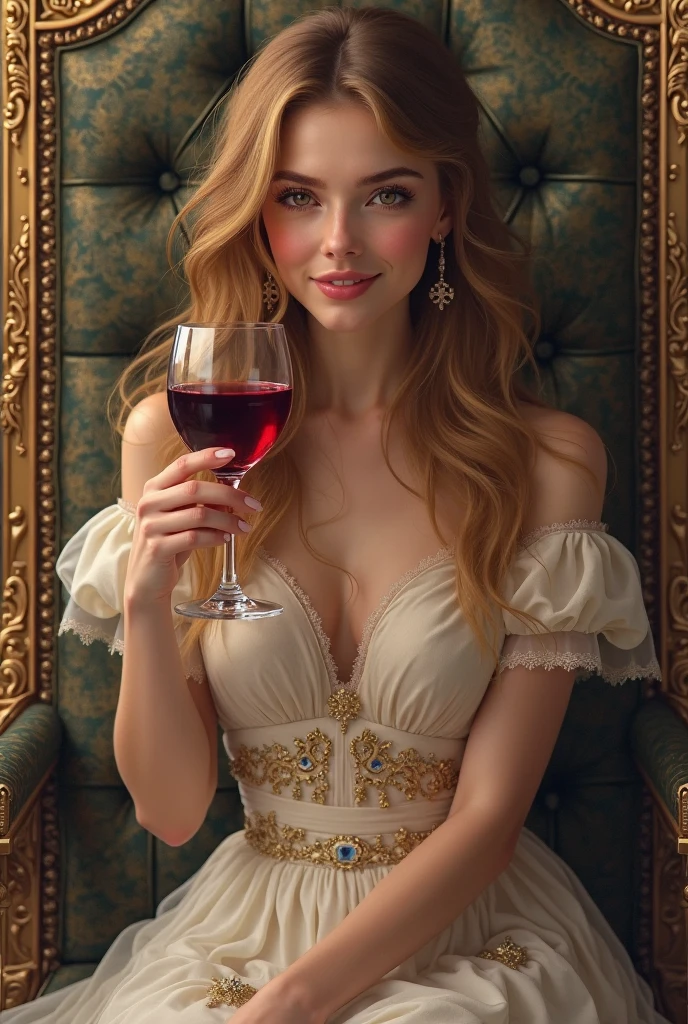 A young female vampire, beautiful, in a silver gown, holding a glass of wine in her hand. --auto --s2