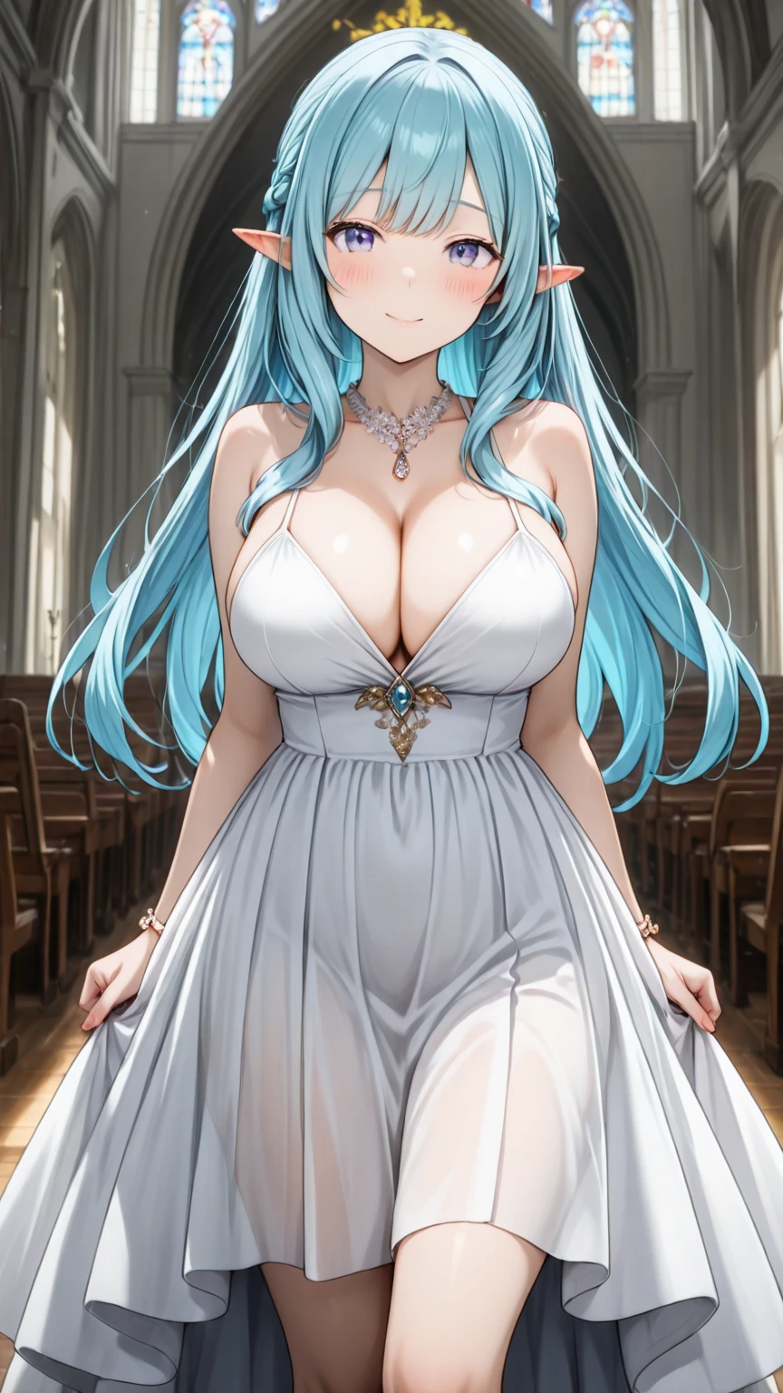 masterpiece, highly detailed, standing, <lora:helm-nikke-richy-v1:1>, helmrnd, wedding dress, huge breasts, happy, full-face blush, in a church, full body