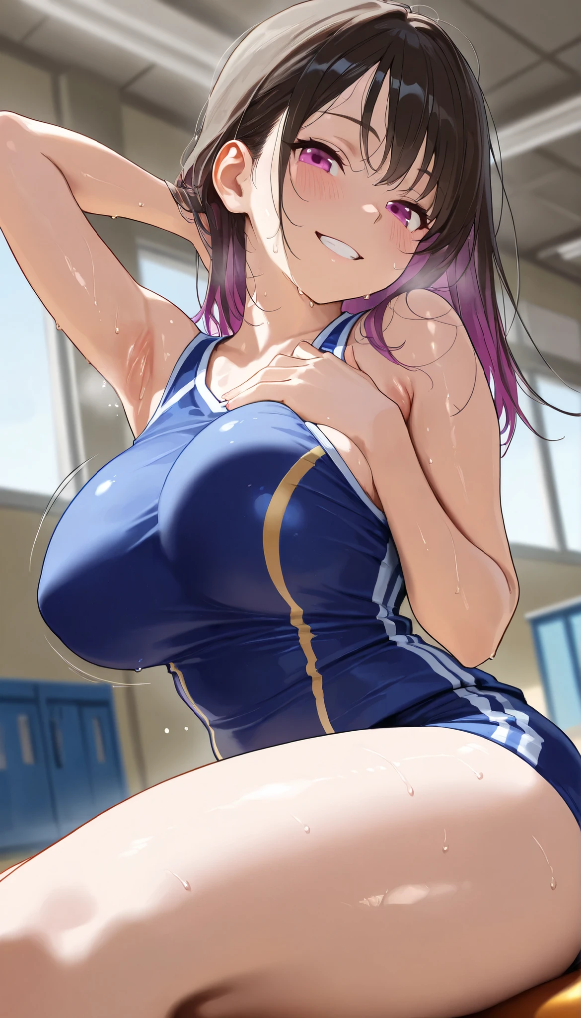 nsfw:1.2,expensivequality illustration, masterpiece, Very delicate and beautiful, Attractive girl,(Gymnastics leotard,Tight leotard,length_Leotard with sleeves,expensive_Leg leotard,athletic leotard),Purple Hair,Short here, Audience reaction,thin,Huge Breasts:1.2,Gym,Gymnastics Club,(Long nipples:1.4)、((There is a stain in the crotch area:1.5))、cameltoe、(Crouch:1.5、Squat)、Facing forward、((1 boy, pov hands, grab breasts:1.2))
