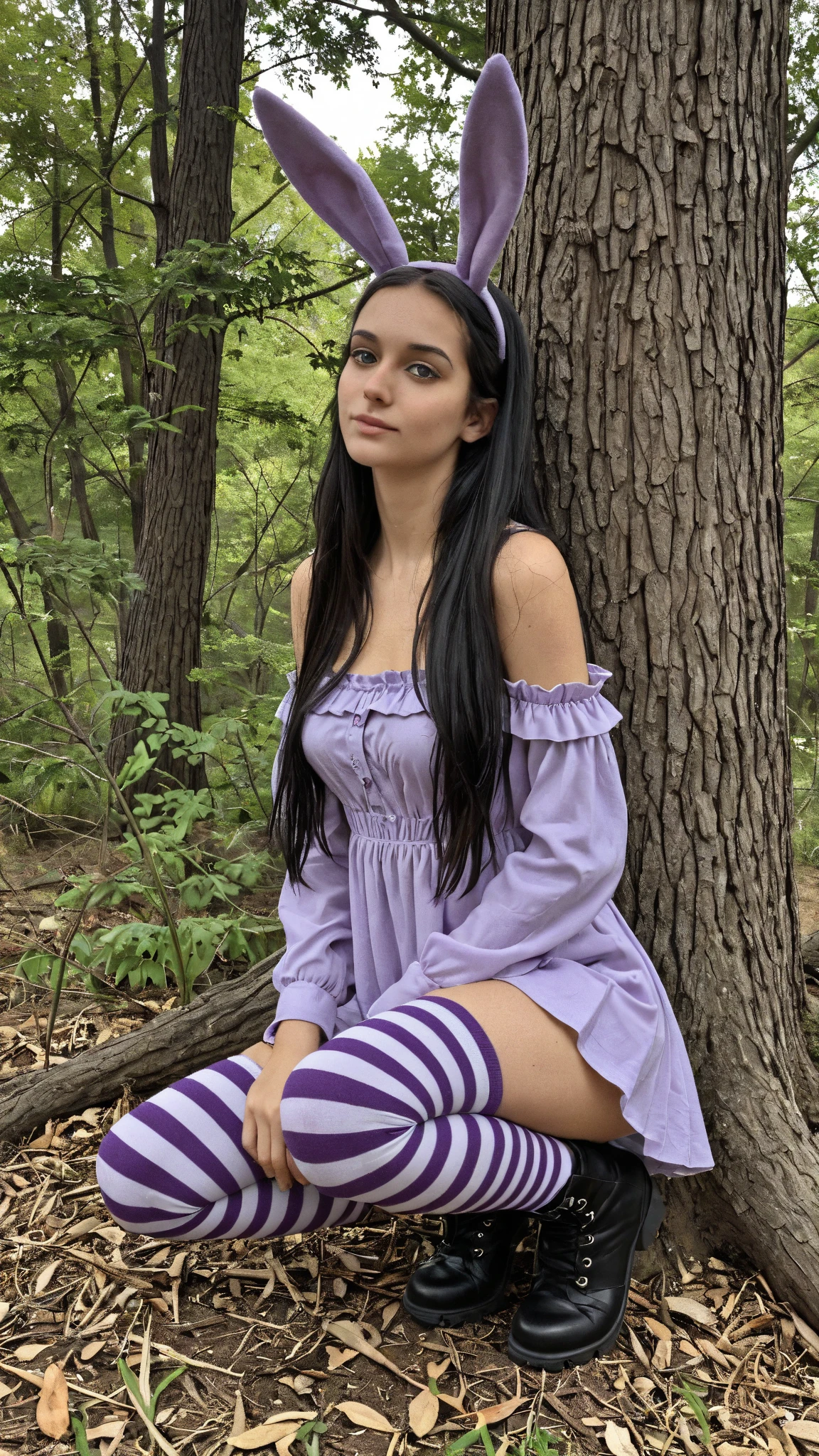((best quality)), ((masterpiece)), (detailed), perfect face, perfect hour glass figure, nude 27 year old goth girl with black hair with purple streaks worn in pigtails, nose ring, ear piercings, sitting on the ground, in a circular clearing in a forested area, dramatic angle