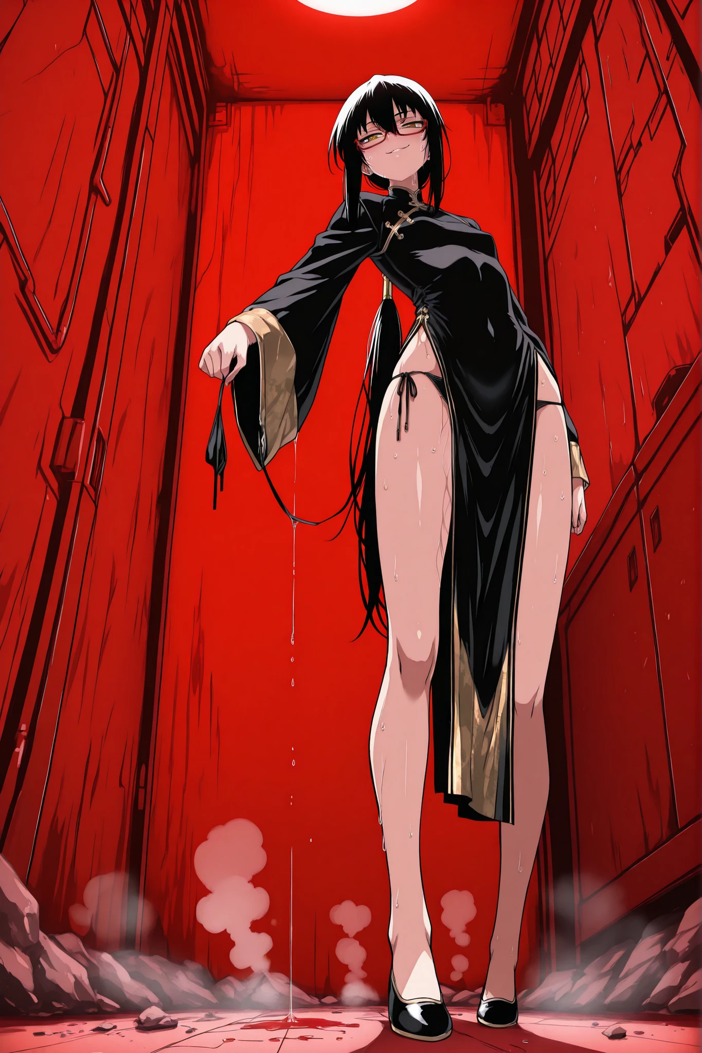 masterpiece, best quality, amazing quality, very aesthetic, foreshortening, 1 girl, mesugaki, taoist, wearing black and gold cheongsam, black and gold shoes, very long sleeves, have black hair, long bangs, low ponytail, extremely long ponytail, narrowed eyes, yellow eyes, glasses, red eyeshadow in corner of eyes, skinny, small breast,
BREAK, smiling, blushed, sweaty, exhausted,
BREAK, view from below, crosslegs, side-tied panties, untying side-tied panties, leaking love juice,
BREAK, chinese style room, red lighting, midnight, steam, NSFW, cyberpunk.