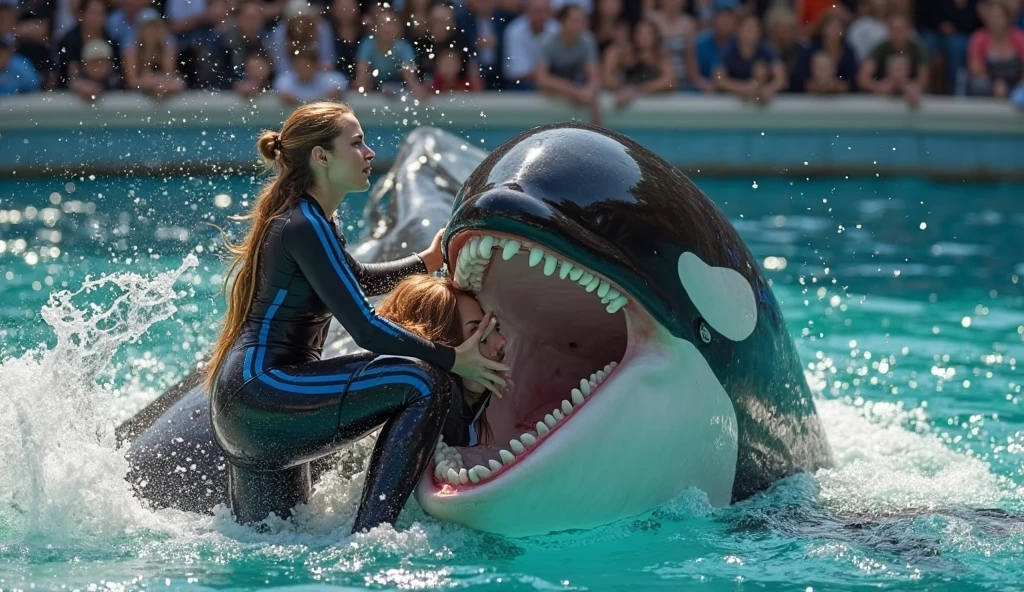 , , beautiful, happy  , aroused, blonde, teen girl versus orca monster in the Lagoon   riding on orca orca  in   orca tongue 