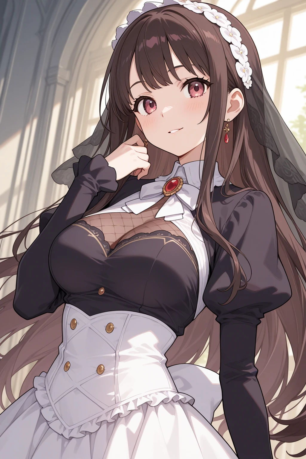 young woman, pale light brown hair, medium-length hair, dark brown eyes, opened cleavage sleeveless french maid uniform
