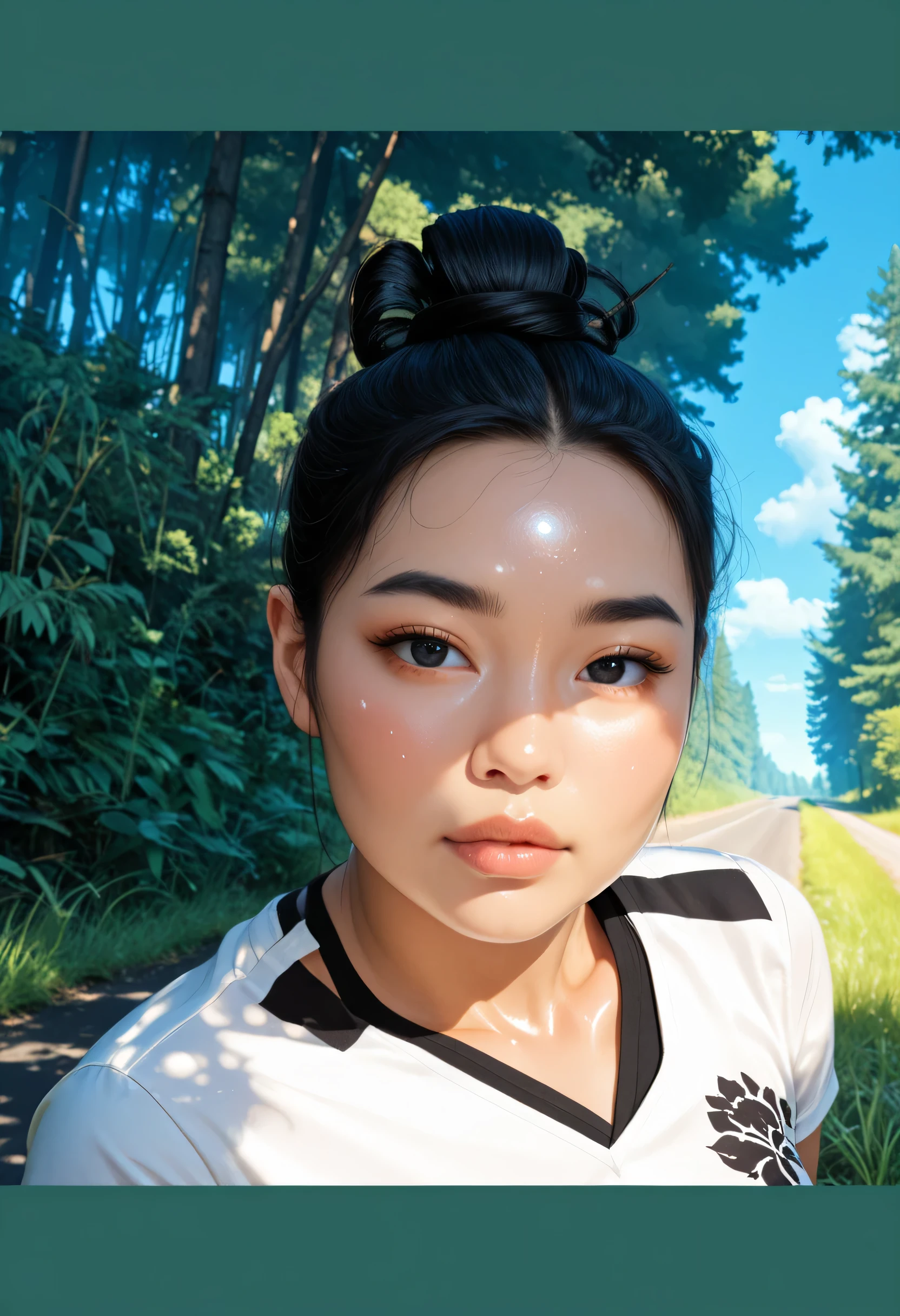 ((Perfect Face)), ((Female Asian, Face Asian)), Black Hair, (Top Knot Hair, Hair Up), Black Normal Eyebrows, Black Eyes, Lips Without Makeup, (Medium Breasts), (White V Neck-Shirt), Looking At Viewer, (Forest Road, Blue Sky, Grass), (((Shiny Skin)))