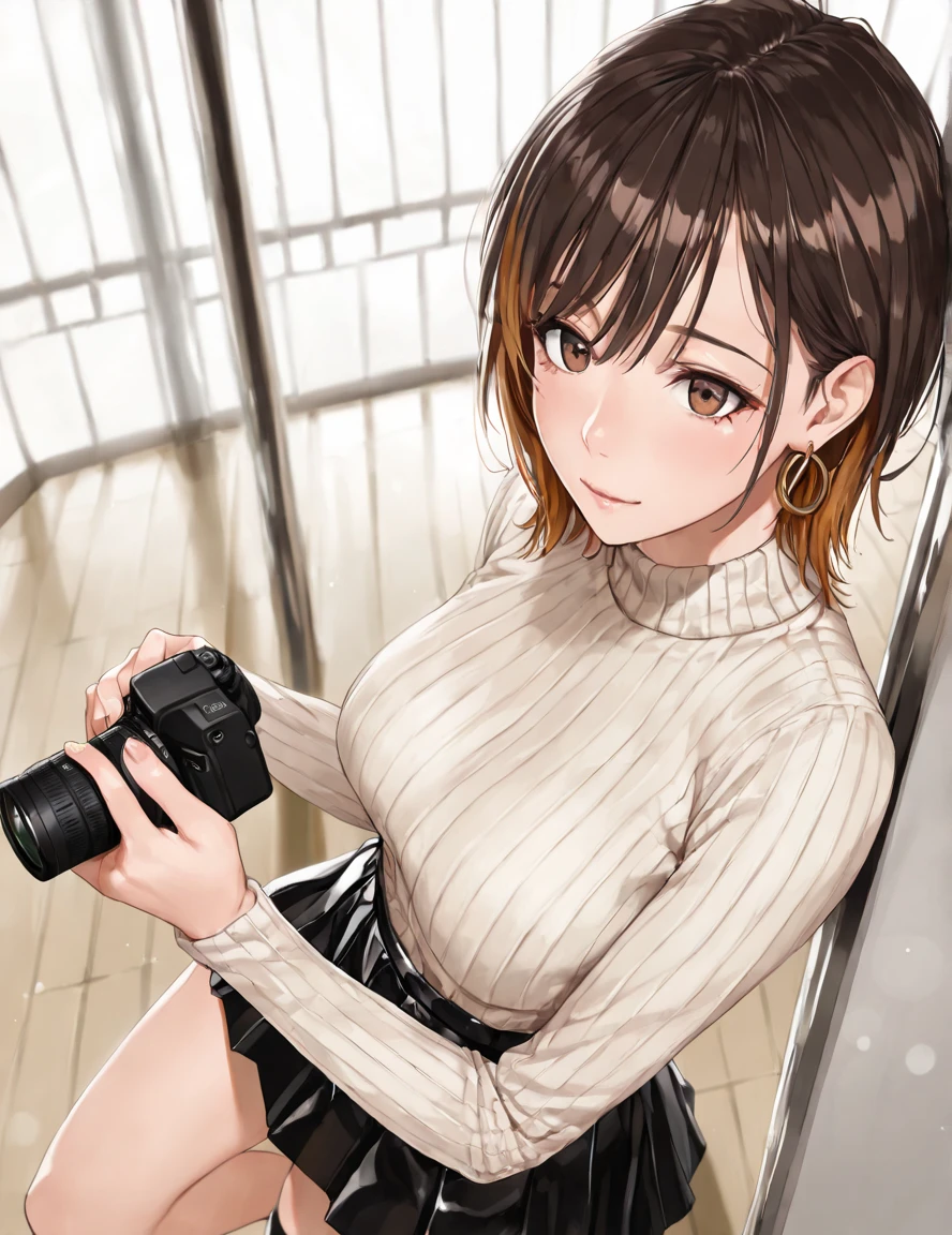 (), huge tit,(masutepiece), Best Quality, Extremely detailed, (watercolor paiting), bloom, Delicate and beautiful, Illustration, (From below),(1girl in:1.4), (Solo:1.2), Large breasts, (Ribbed sweater:1.3), off-the-shoulder sweater, (Short shorts:1.2), Bare shoulders, (underboob), ((Dark skin:0.8)), Beautiful eyes, (disheveled hair ), Photography, over-the-shoulder shot, by Alex Maleev, Professional, Canon Camera, Nikon Camera, sharp, Bokeh, Studio Quality, fish-eye lens, by Robert Capa ,