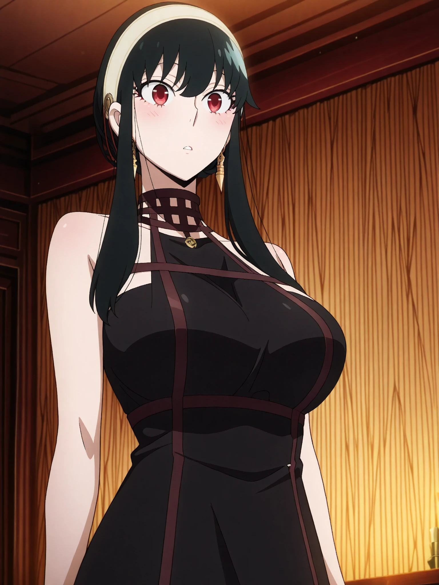 1girl, masterpiece, high quality, huge breast, bright breasts, looking into camera, safe, shining , blush face, black lace dress, cleavage, standing, yor briar, yor forger, laceyor briar, black hair, (red eyes:1.5), earrings, white hairband, hairband, long hair, white job skirt