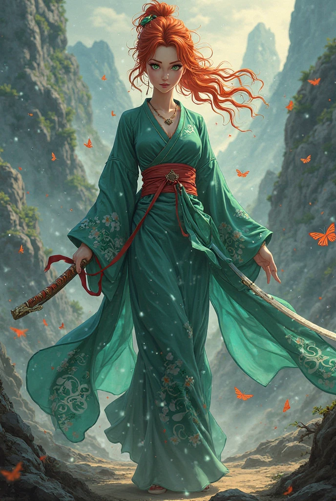 camera showing ground level long shot of the whole-body view of lady from head to elegant stiletto high heel. In this captivating, cinematic photo of a female Sengoku-era warrior, pretty lady MoonLay, stands tall in her vibrant kimono and stylish box pleated layered micro skirt and stiletto heel, exuding an aura of strength and grace. Her fiery red hair cascades down her back, and she holds her unsheathed pristine katana with determination. Her goddess super curvy figure, the goddess hair accessories and the sleek stiletto high heel she wears make her more elegant and seductive. The pinkish-cloudy sky casts a soft, vibrant glow over the scene, with colorful cherry blossoms blooming around her, symbolizing the transient beauty of life. A mystical Japanese cat, a guardian of fortune and happiness, perches on her shoulder, observing the surroundings with keen eyes. Her appearance is very sleek, stylish, minimalistic and elegant. Her hands gracefully position her like a divine protector, while her comrade samurai warriors standby for her command in the background, their faces a mix of determination and loyalty. 