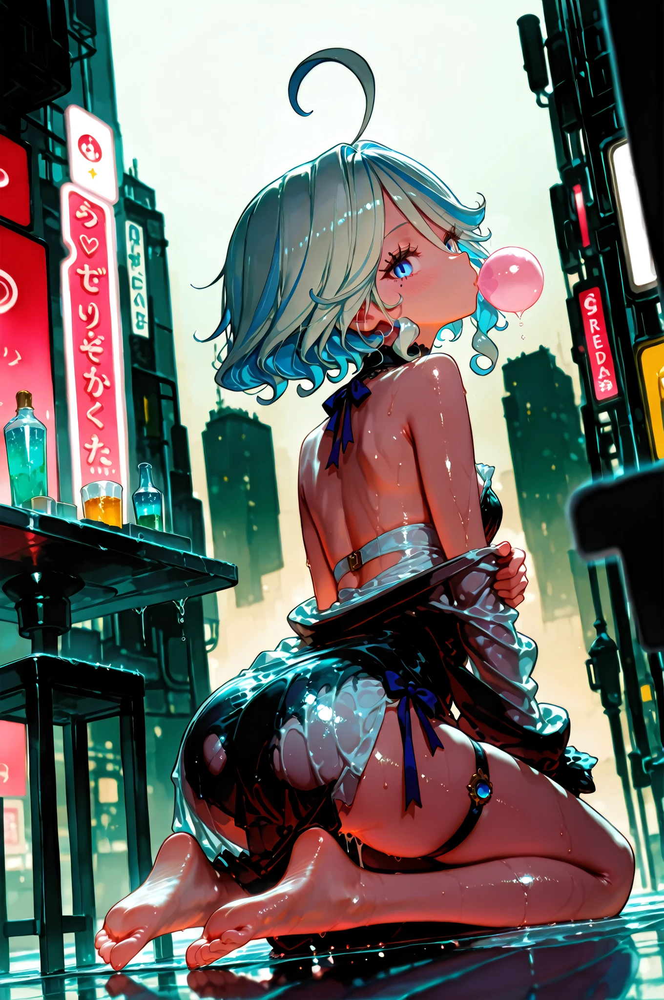 cute little loli,(((little loli,small tiny body,petite))),(((6 years old))),((anime little loli with extremely cute and beautiful aqua hair walking down the street)),
(((flat chest))),(((aqua hair:1.35,long aqua hair,colored inner hair,ear breathing,))),((heterochromia,eye1 aqua,eye2 pink,perfect eyes,upturned eyes:1.3,beautiful detailed eyes,finely detailed beautiful eyes:1,big highlight on eyes:1.2,slanted eyes)),(((lustrous skin:1.5,bright skin: 1.5,skin tanned,shiny skin,very shiny skin,shiny body,plastic glitter skin,exaggerated shiny skin))),(delicate detailed fingers,detailed body,detailed arms,human hands,(detailed face)),
cute,slutty,,erotic,(((nsfw))),
zettai ryouiki,(revealing clothing,show skin),((underboob)),(barefoot,),(((breast curtain,low rise mini skirt,high cut thong,))),((detailed outfit)),
(dynamic pose:1.0),solo focus,embarrassed,centered,scale to fit dimensions,Rule of thirds,
outdoors,((night view)),(very pretty city neon synthwave,cyberpunk night street Background:1.5,dark sky,thick clouds),future vehicles,((neon lights)),thick clouds,(cyberpunk style,neon lights, (synthwave theme background), lonely street),(((detailed background:1.25))),
(best quality),(high resolution),(sharp focus),(ultra detailed),(extremely detailed),(extremely high quality artwork),8k_wallpaper,(extremely detailed CG 8k),(very fine 8K CG),((hyper super ultra detailed perfect piece)),flawless,(((masterpiece))),illustration,vibrant colors,(intricate),High contrast,Selective lighting,Double exposure,HDR (High Dynamic Range),Post-processing,Background blur,