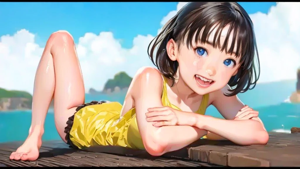 ((masterpiece)),((highest quality)),((High resolution)),((Anatomical)),((Realistic)),((Detailed Description)),((Perfect lighting)),((8K)),((cute)),((((Beach)))),(((One little girl))),(((Lori))),(((neutral))),((8-year-old)),((Beautiful eyes)),((Baby Face)),((low length)),((Petite)),((slender)),((Tank top)),((hot pants)),((A big smile)),(((Deep tan))),((Full body view)),((Looking up at the camera)),