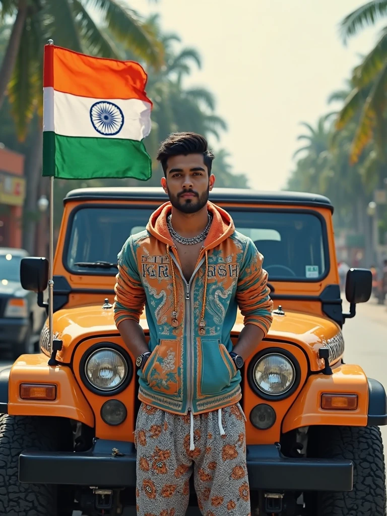 Create an Real image featuring a young man
sitting on the hood of army truck, with Indian's scenic background. He's holding a flag celebrating Indian 15th August. The boy wears a tirnga T-shirt with 'TUDu'15th Independence day printed on it, white jacket, white pants, white shoes and sunglasses."
