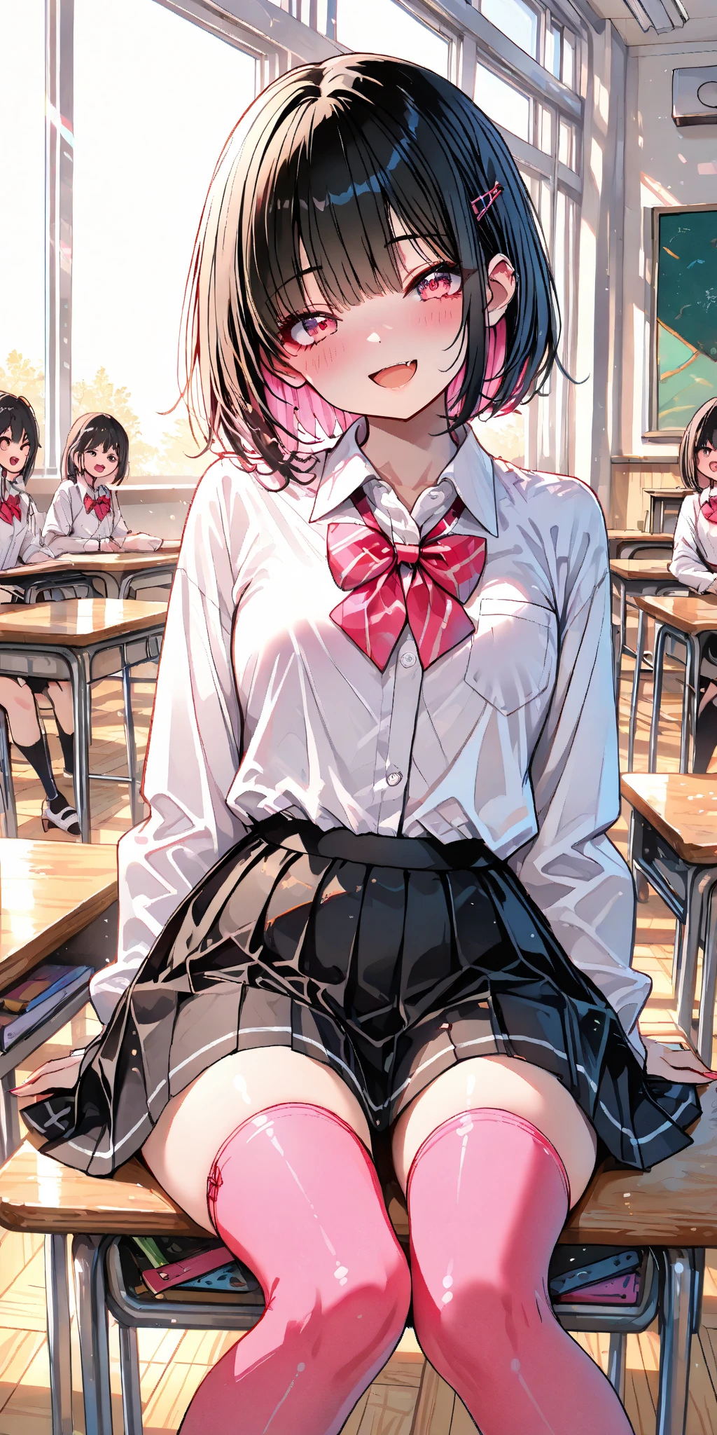 A male student lifts up the checkered skirt of a girl with short black bob hair wearing a blazer uniform from the front, exposing her panties